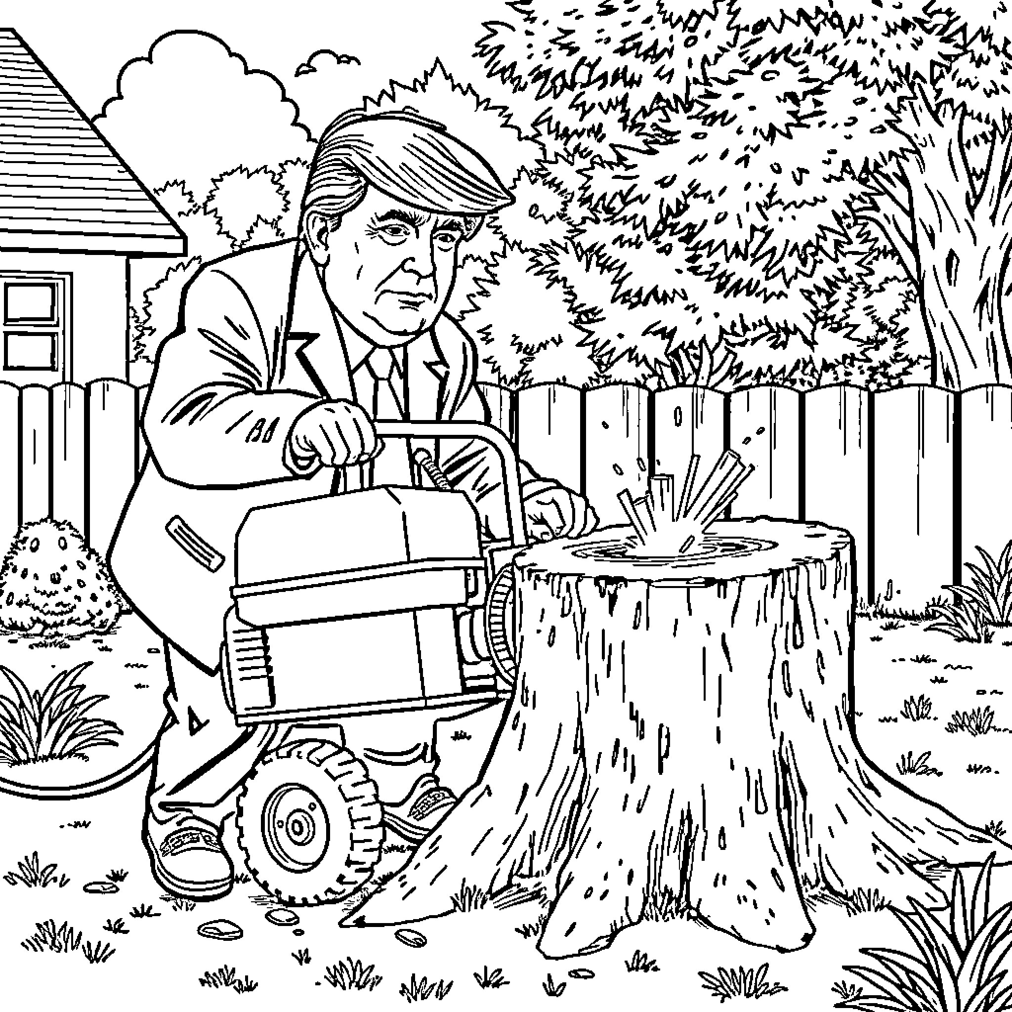 Donald Trump operating a wood chipper in the backyard Coloring Page (free black-and-white line drawing printable PDF for all, from beginners to advanced learners, including children, teens, adults, and seniors)
