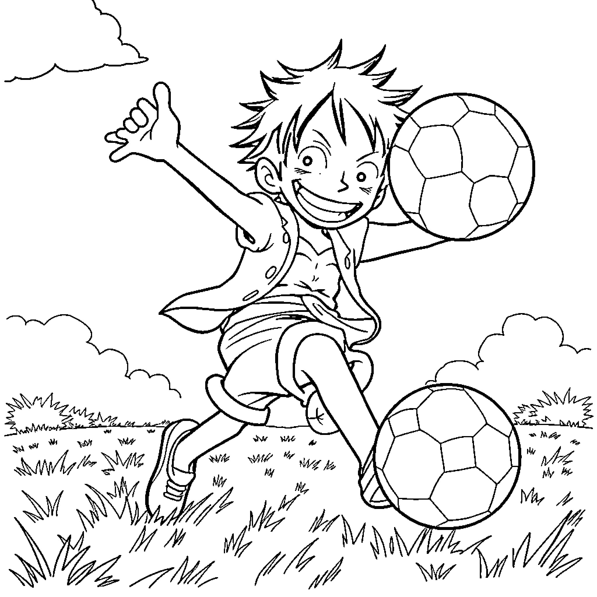 Luffy Playing with Soccer Balls in the Field Coloring Page (free black-and-white line drawing printable PDF for all, from beginners to advanced learners, including children, teens, adults, and seniors)
