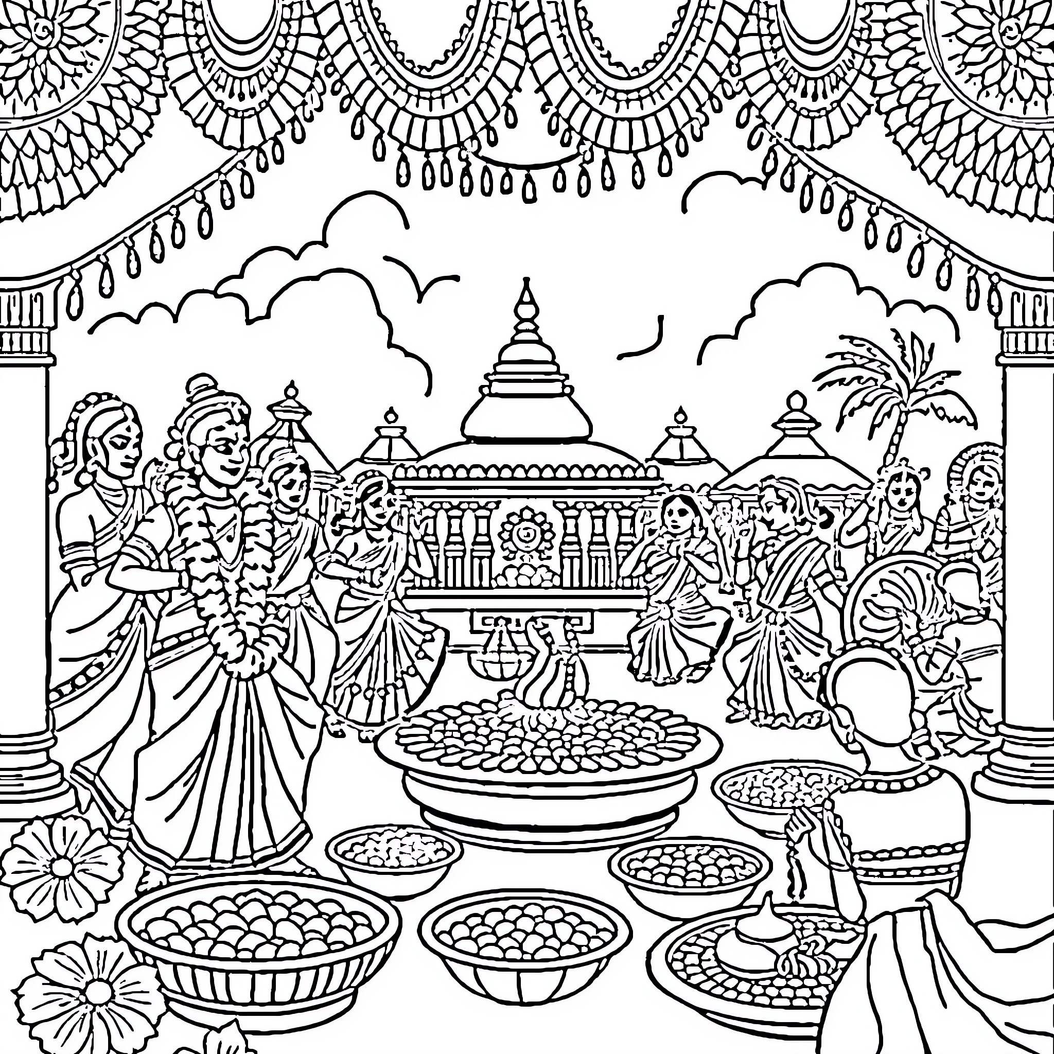 Onam celebration with traditional attire and offerings Coloring Page (free black-and-white line drawing printable PDF for all, from beginners to advanced learners, including children, teens, adults, and seniors)