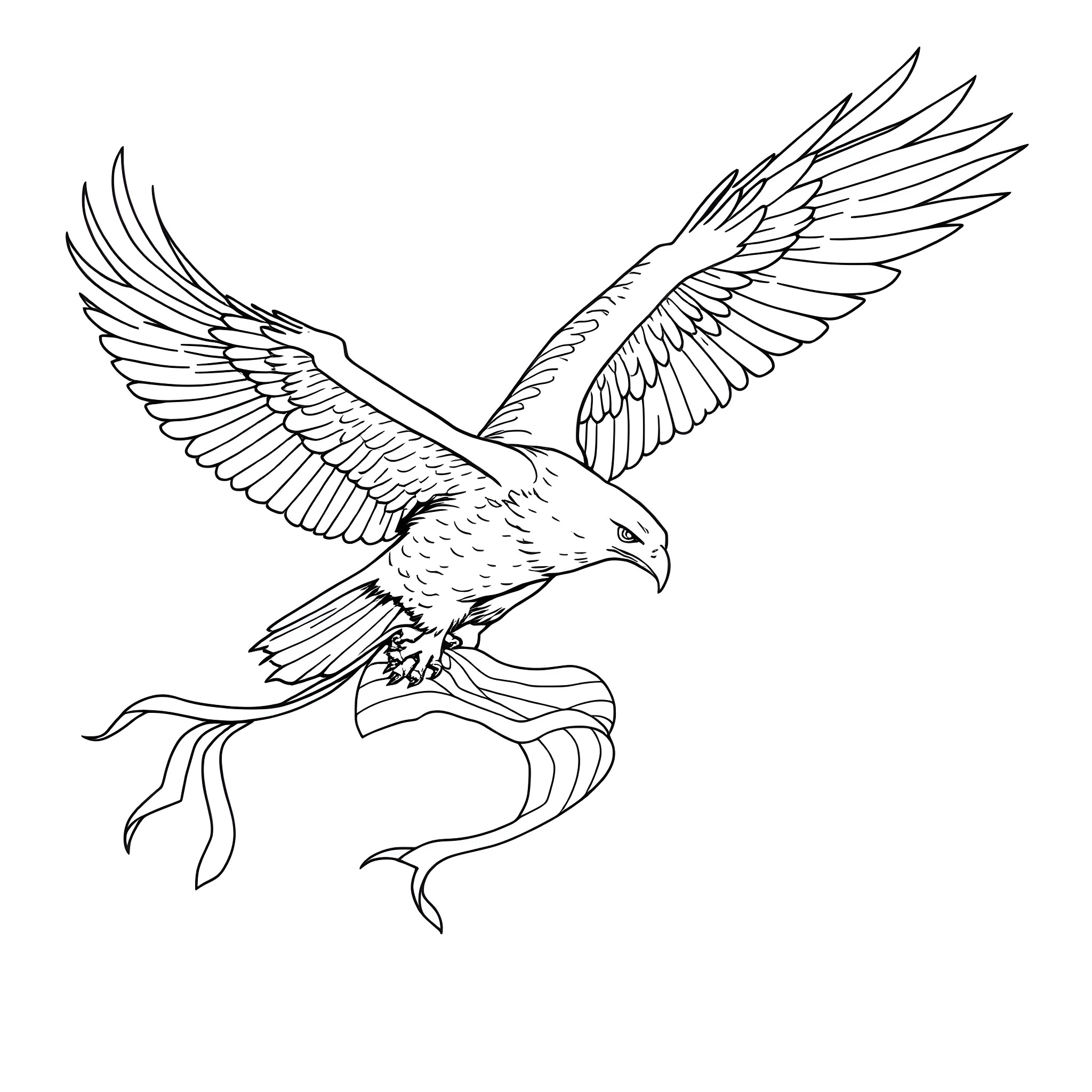 Eagle soaring with outstretched wings Coloring Page (free black-and-white line drawing printable PDF for all, from beginners to advanced learners, including children, teens, adults, and seniors)