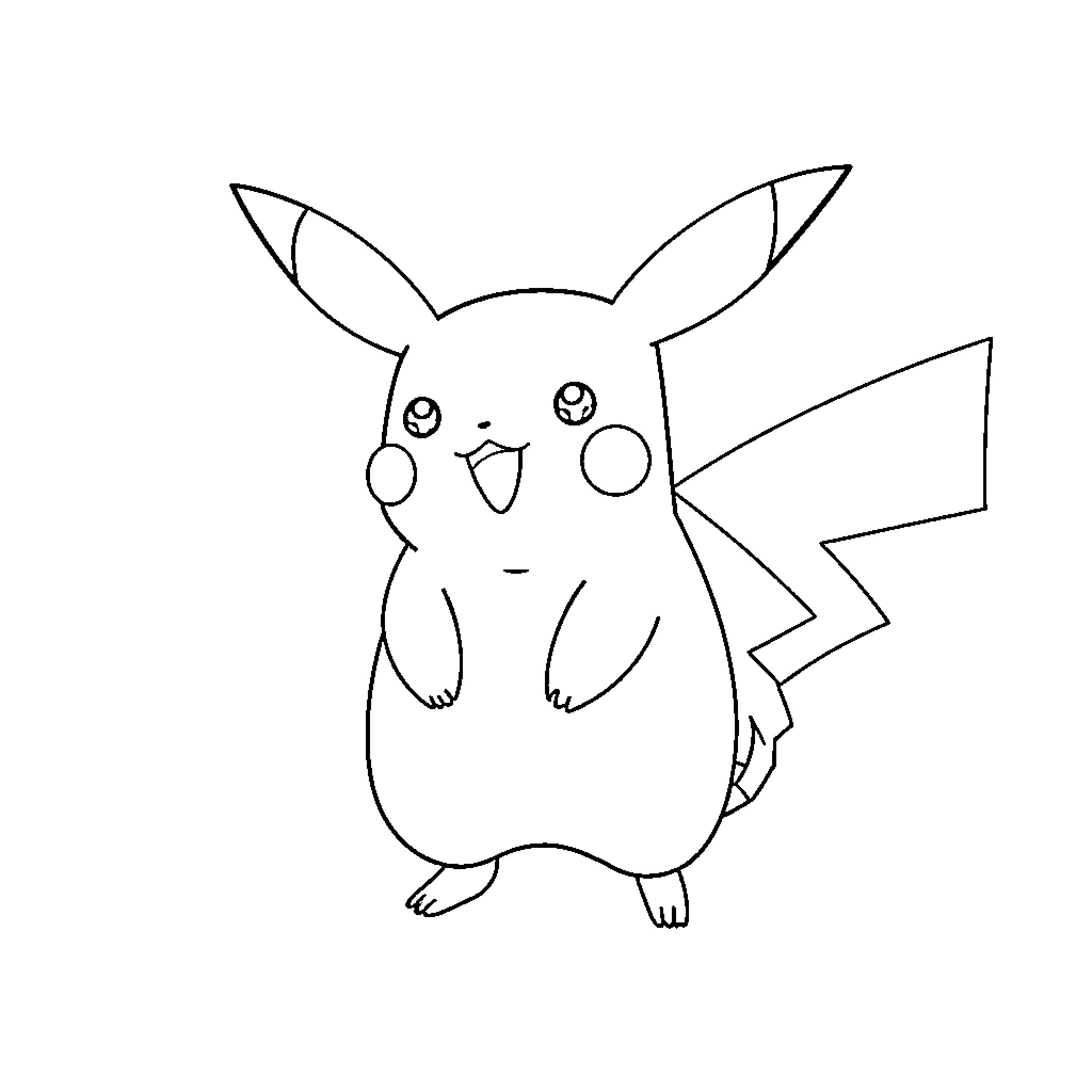 Pikachu in a playful pose Coloring Page (free black-and-white line drawing printable PDF for all, from beginners to advanced learners, including children, teens, adults, and seniors)