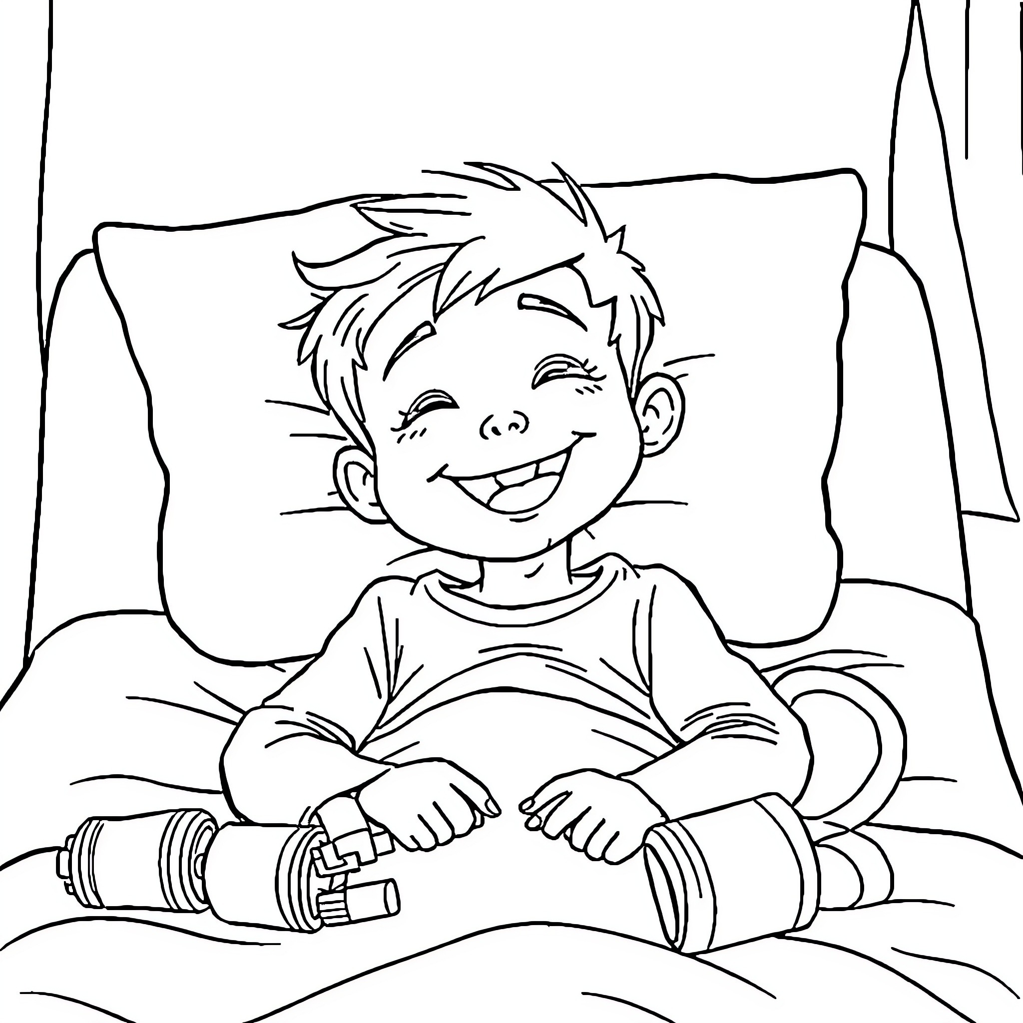 Enfant joyeux et heureux sur le lit Coloring Page (free black-and-white line drawing printable PDF for all, from beginners to advanced learners, including children, teens, adults, and seniors)