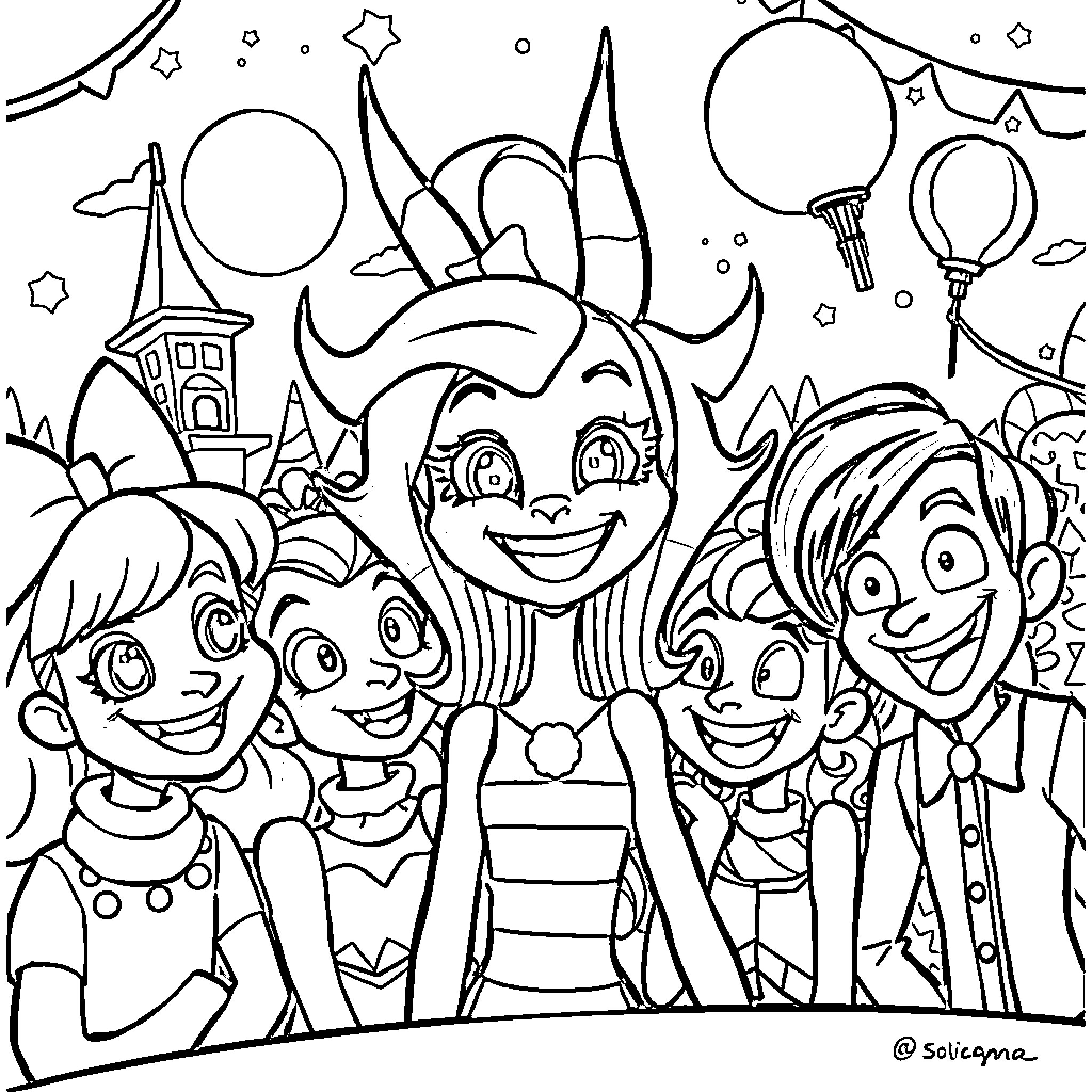 Charlie's Lively Adventure with Friends Coloring Page (free black-and-white line drawing printable PDF for all, from beginners to advanced learners, including children, teens, adults, and seniors)