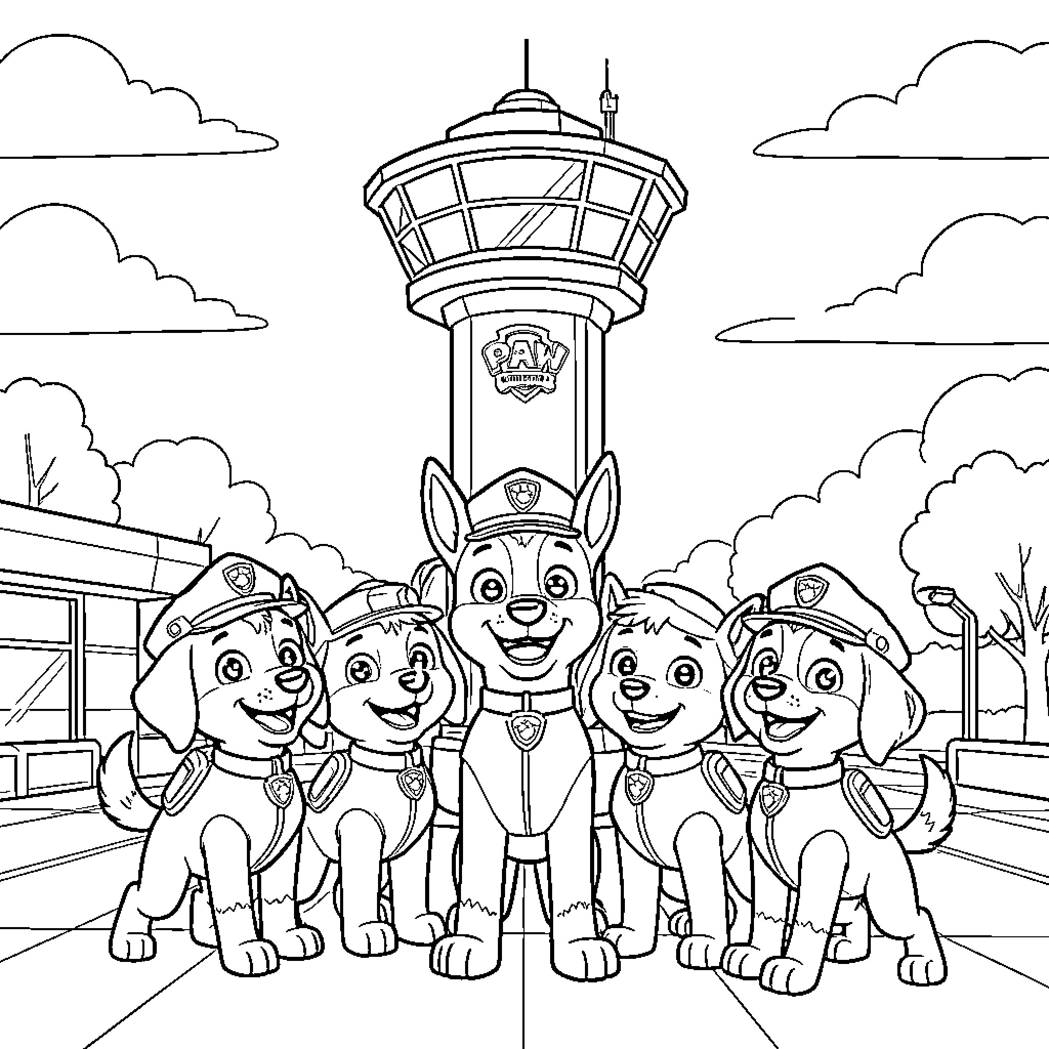 Paw Patrol pups posing together in front of tower Coloring Page (free black-and-white line drawing printable PDF for all, from beginners to advanced learners, including children, teens, adults, and seniors)