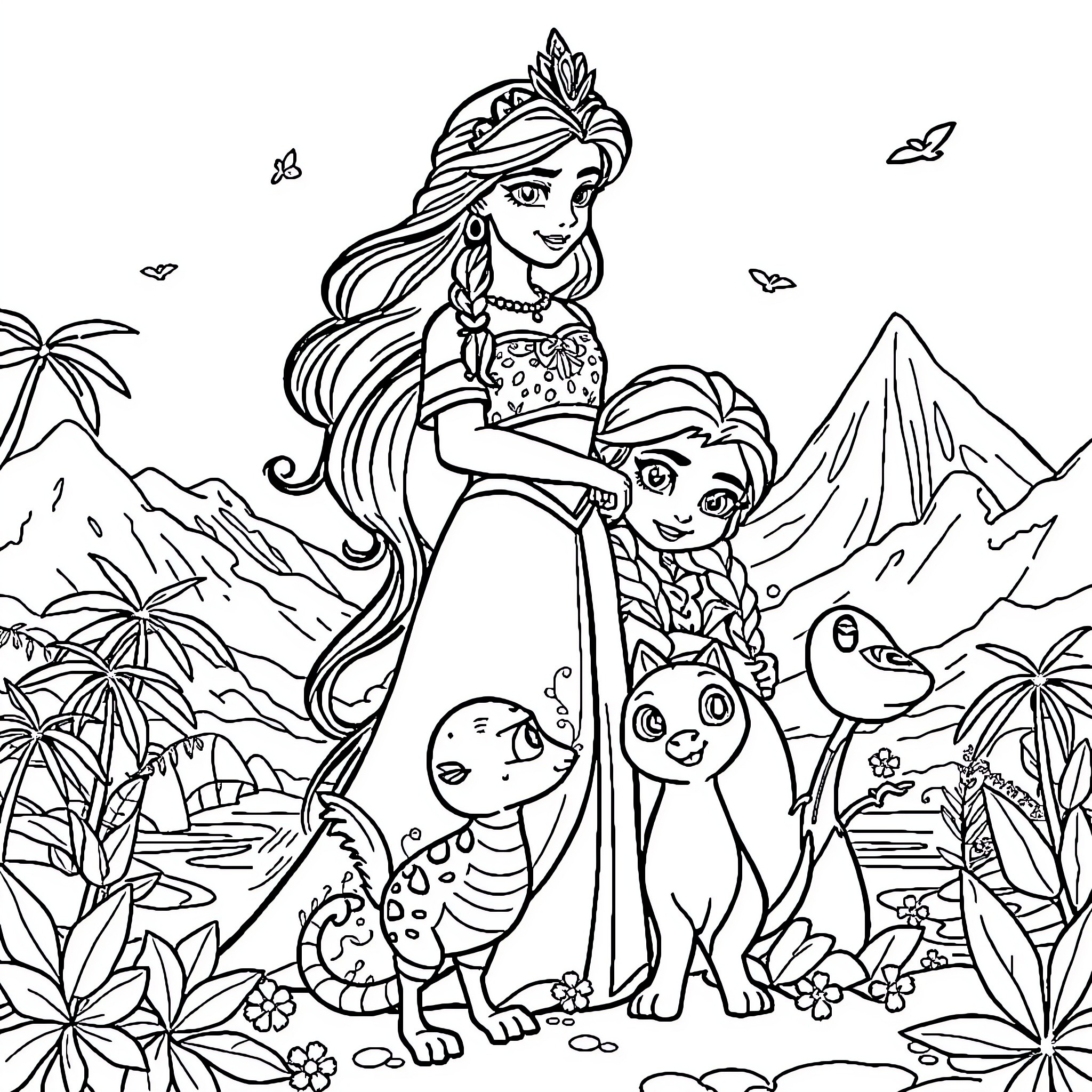 Princess in a Magical Forest with Animals Coloring Page (free black-and-white line drawing printable PDF for all, from beginners to advanced learners, including children, teens, adults, and seniors)
