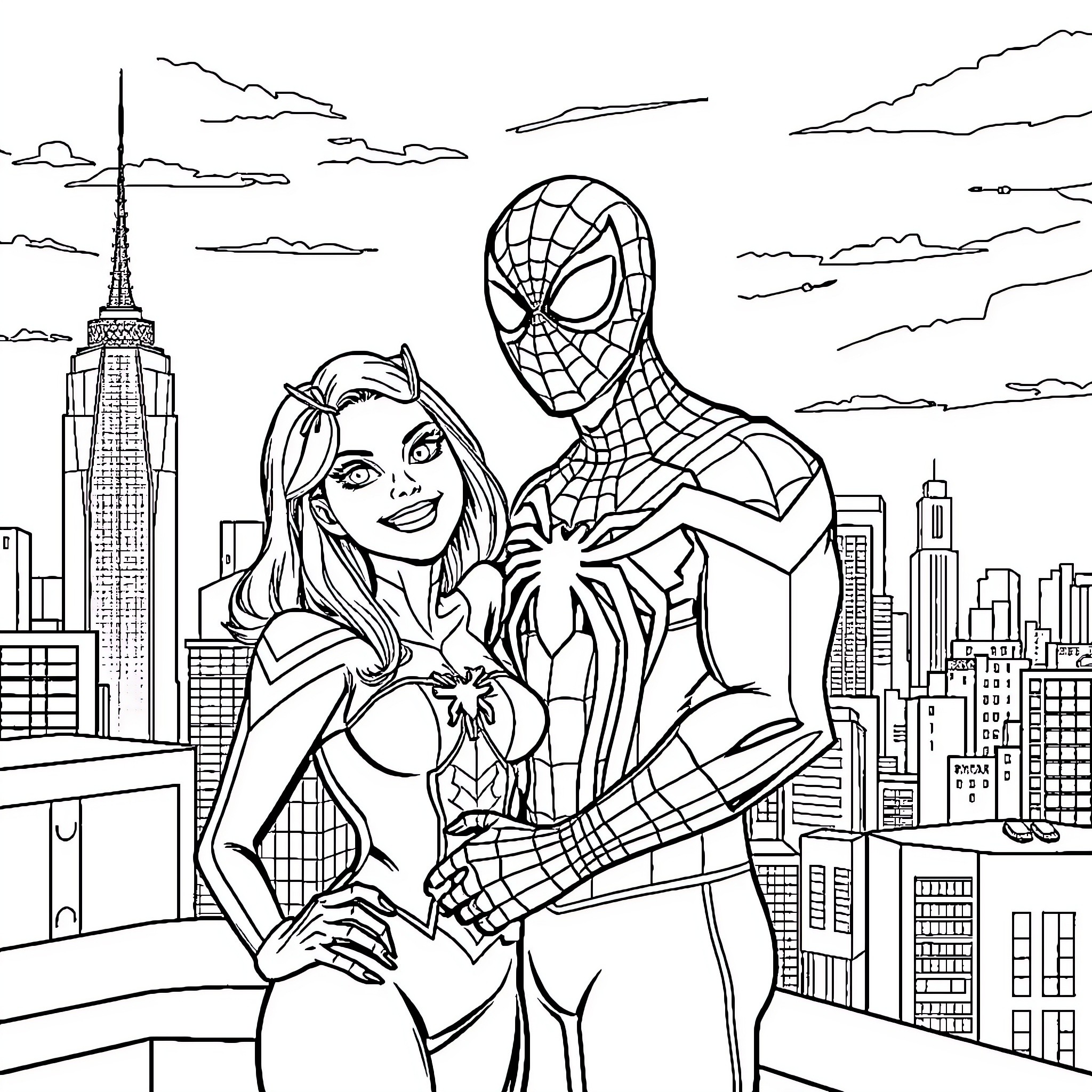 Spiderman and a female superhero in the city Coloring Page (free black-and-white line drawing printable PDF for all, from beginners to advanced learners, including children, teens, adults, and seniors)
