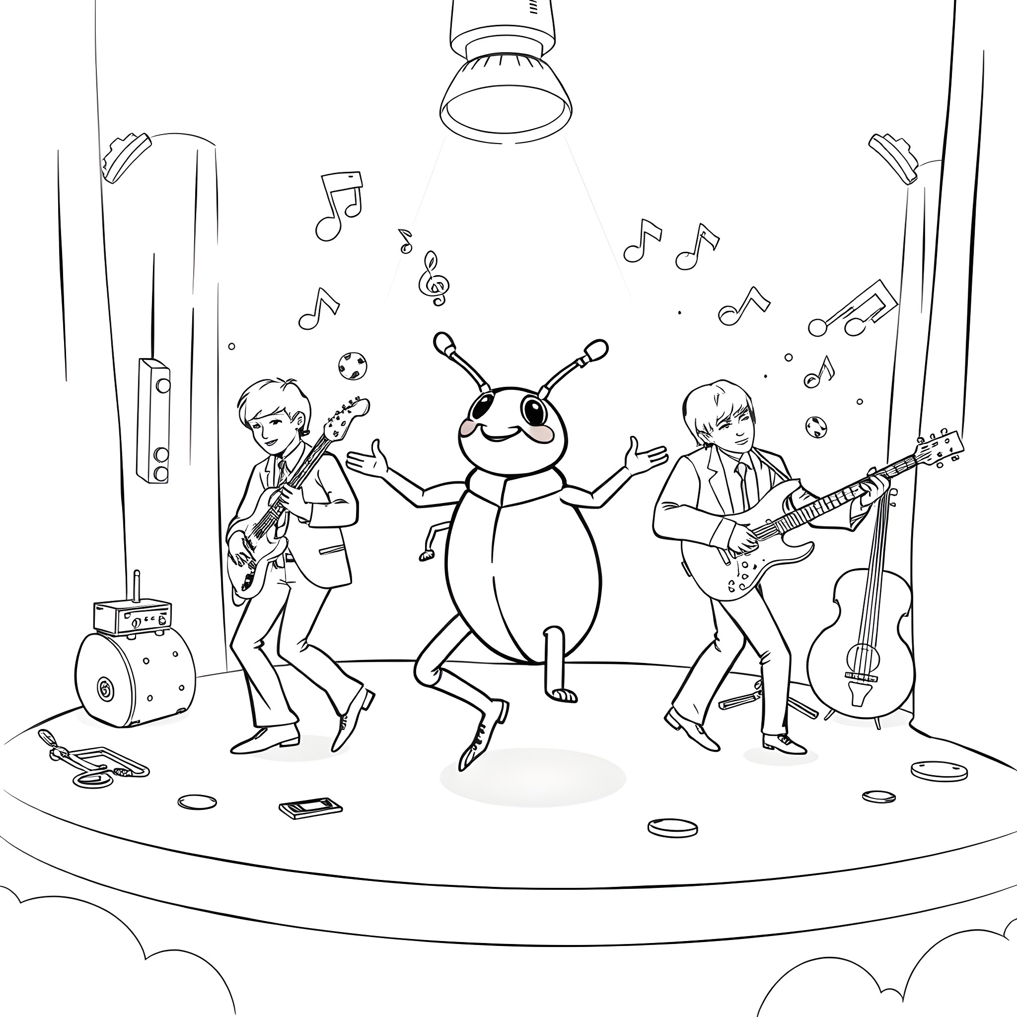 Beetle band performing in a musical stage Coloring Page (free black-and-white line drawing printable PDF for all, from beginners to advanced learners, including children, teens, adults, and seniors)