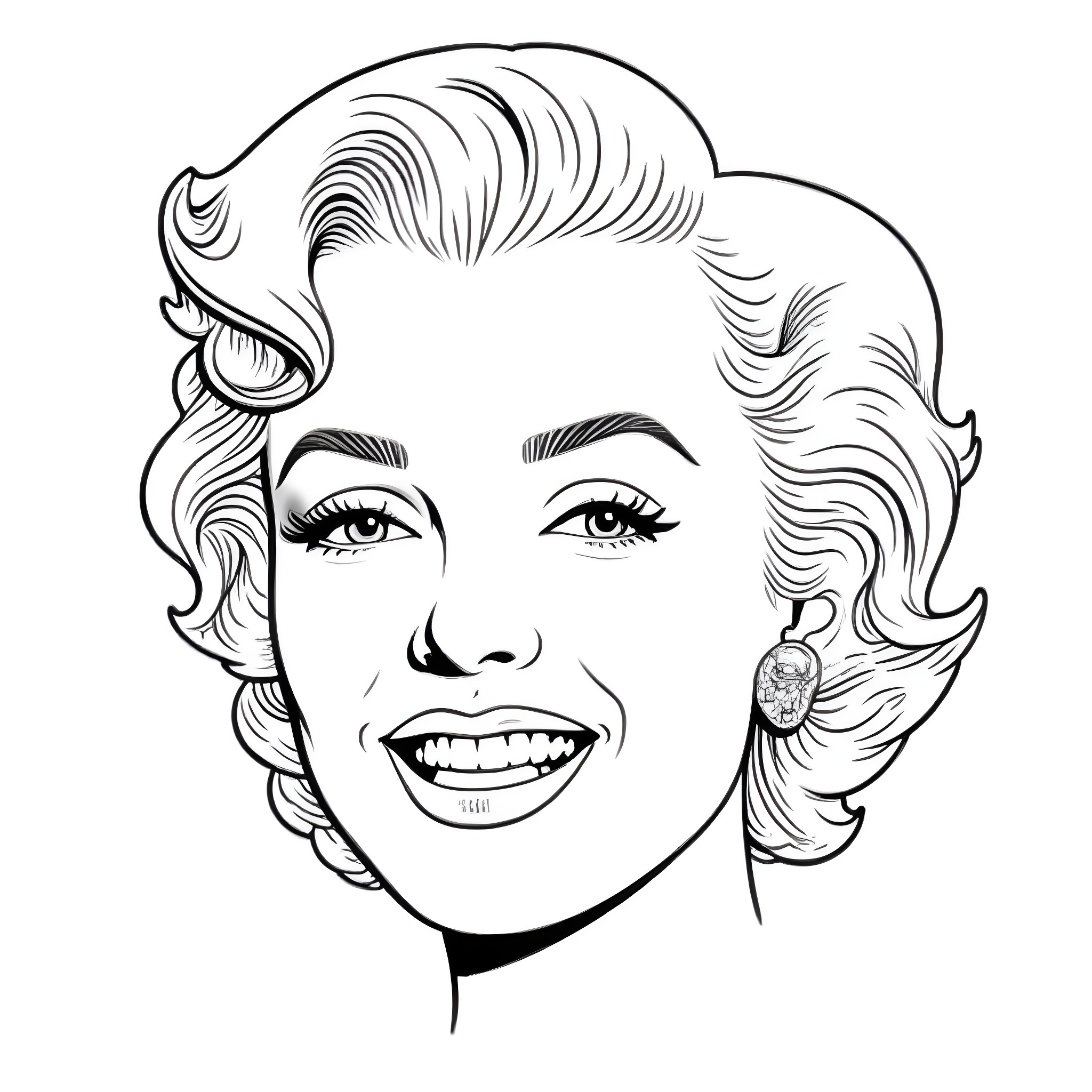 Marilyn Monroe's Iconic Smile and Hairstyle Coloring Page (free black-and-white line drawing printable PDF for all, from beginners to advanced learners, including children, teens, adults, and seniors)