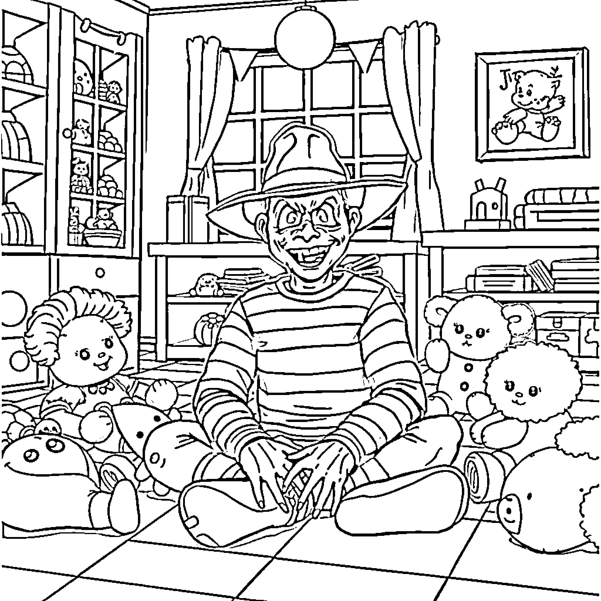 Freddy Krueger playing with stuffed toys in bedroom Coloring Page (free black-and-white line drawing printable PDF for all, from beginners to advanced learners, including children, teens, adults, and seniors)