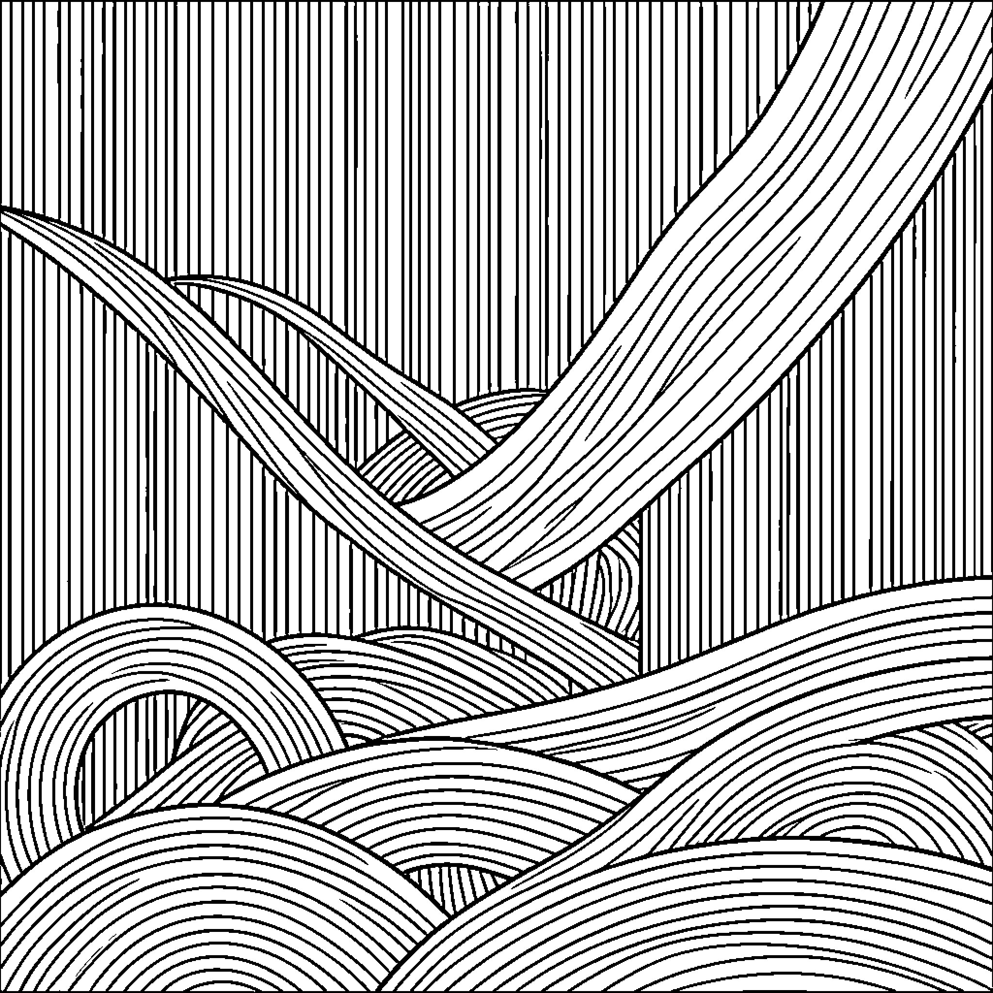 Line Art of Flowing Geometric Landscape Coloring Page (free black-and-white line drawing printable PDF for all, from beginners to advanced learners, including children, teens, adults, and seniors)