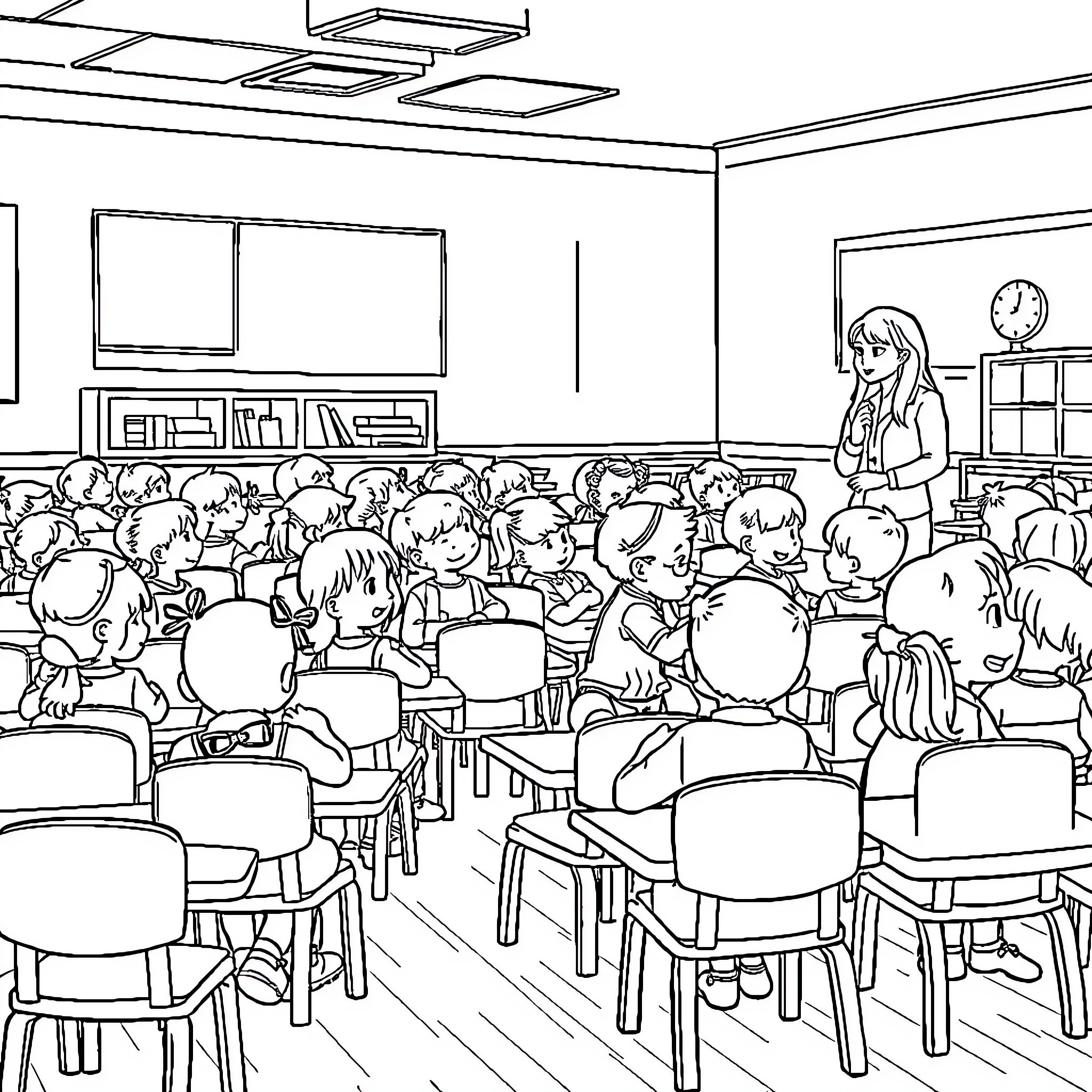 Classroom with Students Engaged in Learning Coloring Page (free black-and-white line drawing printable PDF for all, from beginners to advanced learners, including children, teens, adults, and seniors)