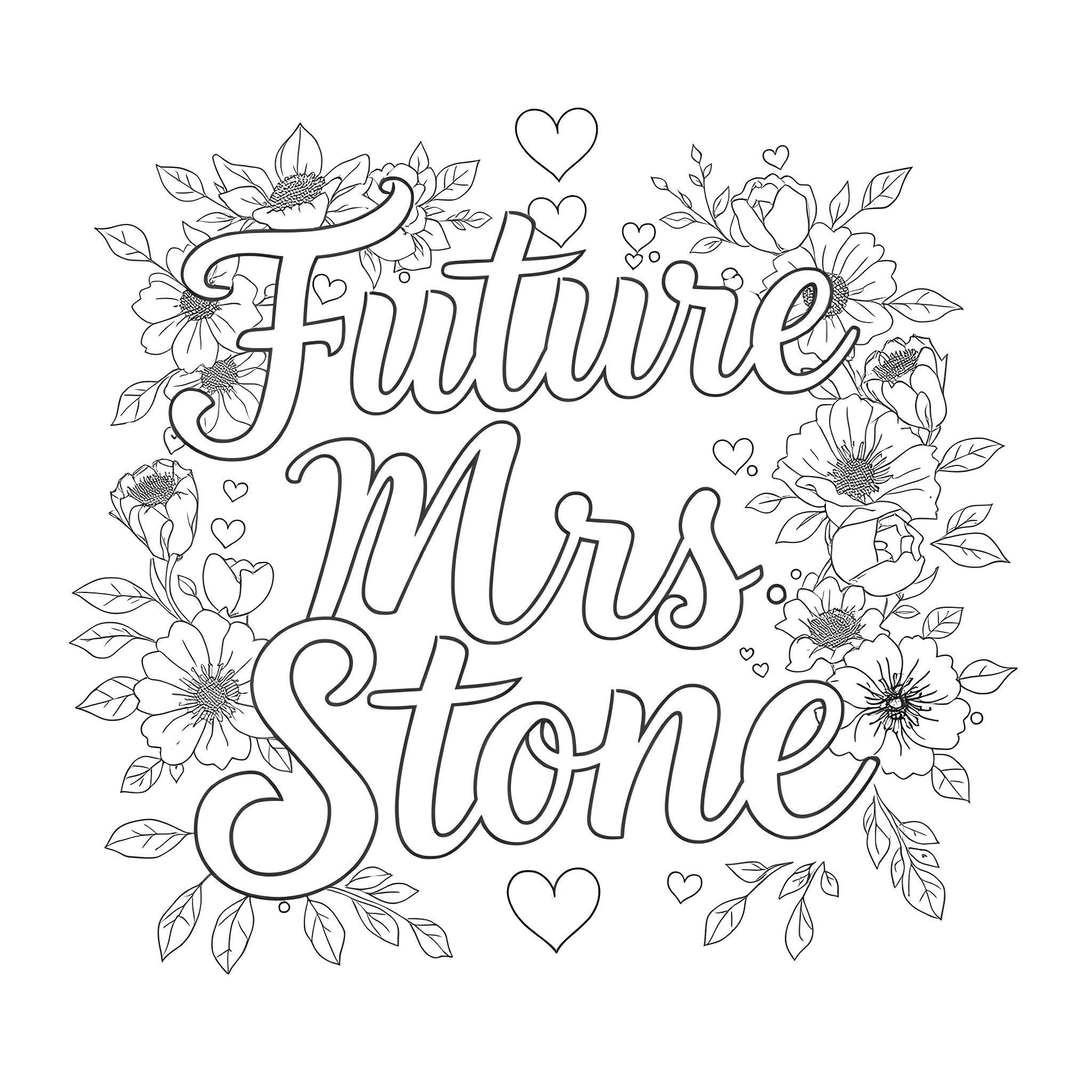 Font of Floral Designs and Romantic Lettering Coloring Page (free black-and-white line drawing printable PDF for all, from beginners to advanced learners, including children, teens, adults, and seniors)