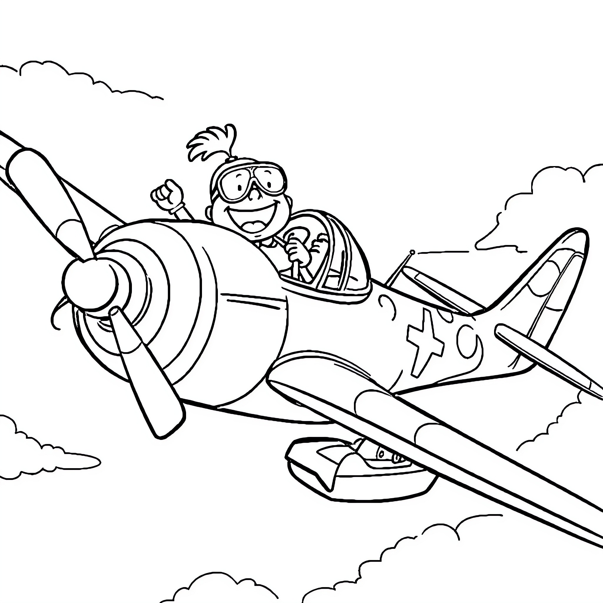 Bob esponja flying a vintage propeller plane Coloring Page (free black-and-white line drawing printable PDF for all, from beginners to advanced learners, including children, teens, adults, and seniors)