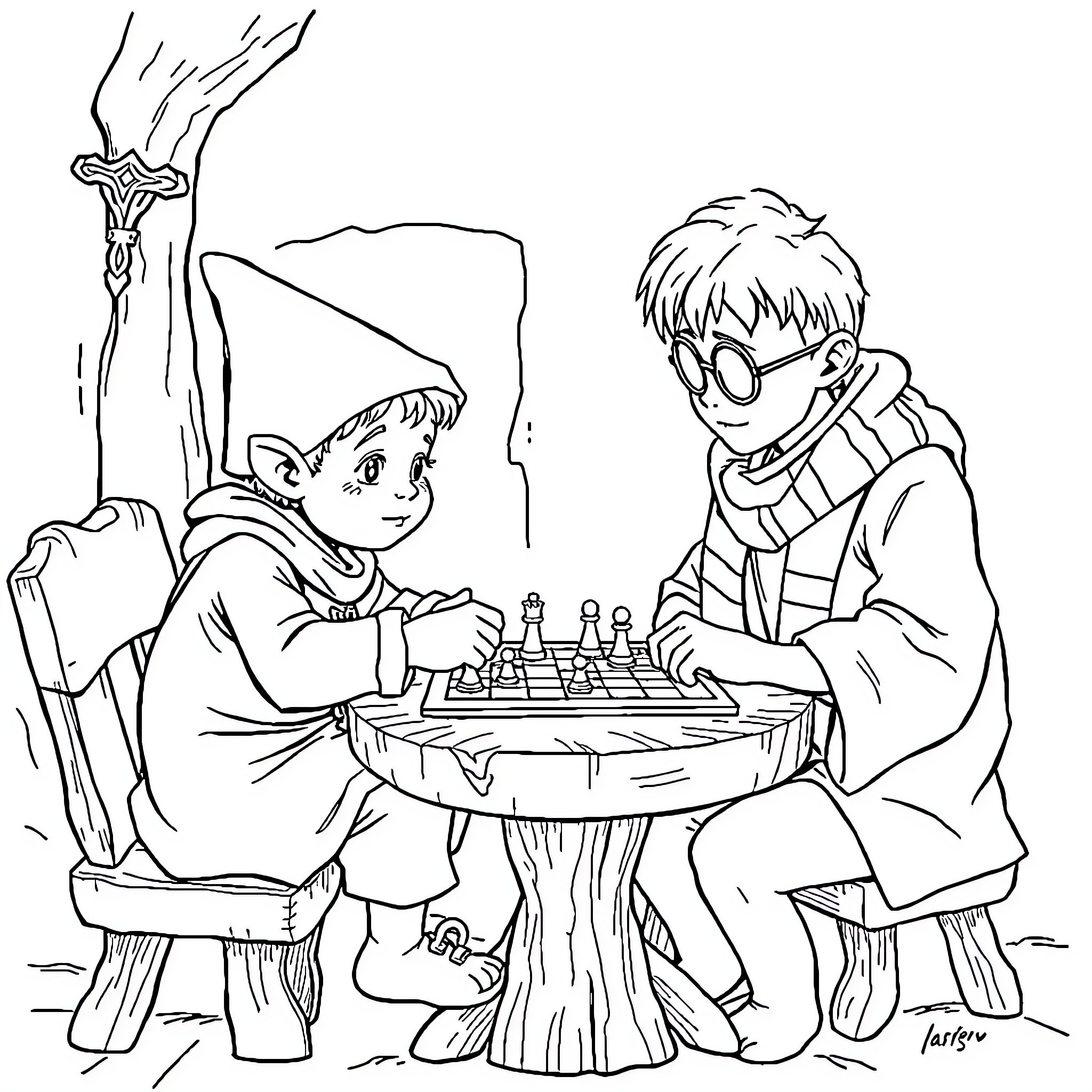 Frodo and Gandalf playing chess in the woods Coloring Page (free black-and-white line drawing printable PDF for all, from beginners to advanced learners, including children, teens, adults, and seniors)