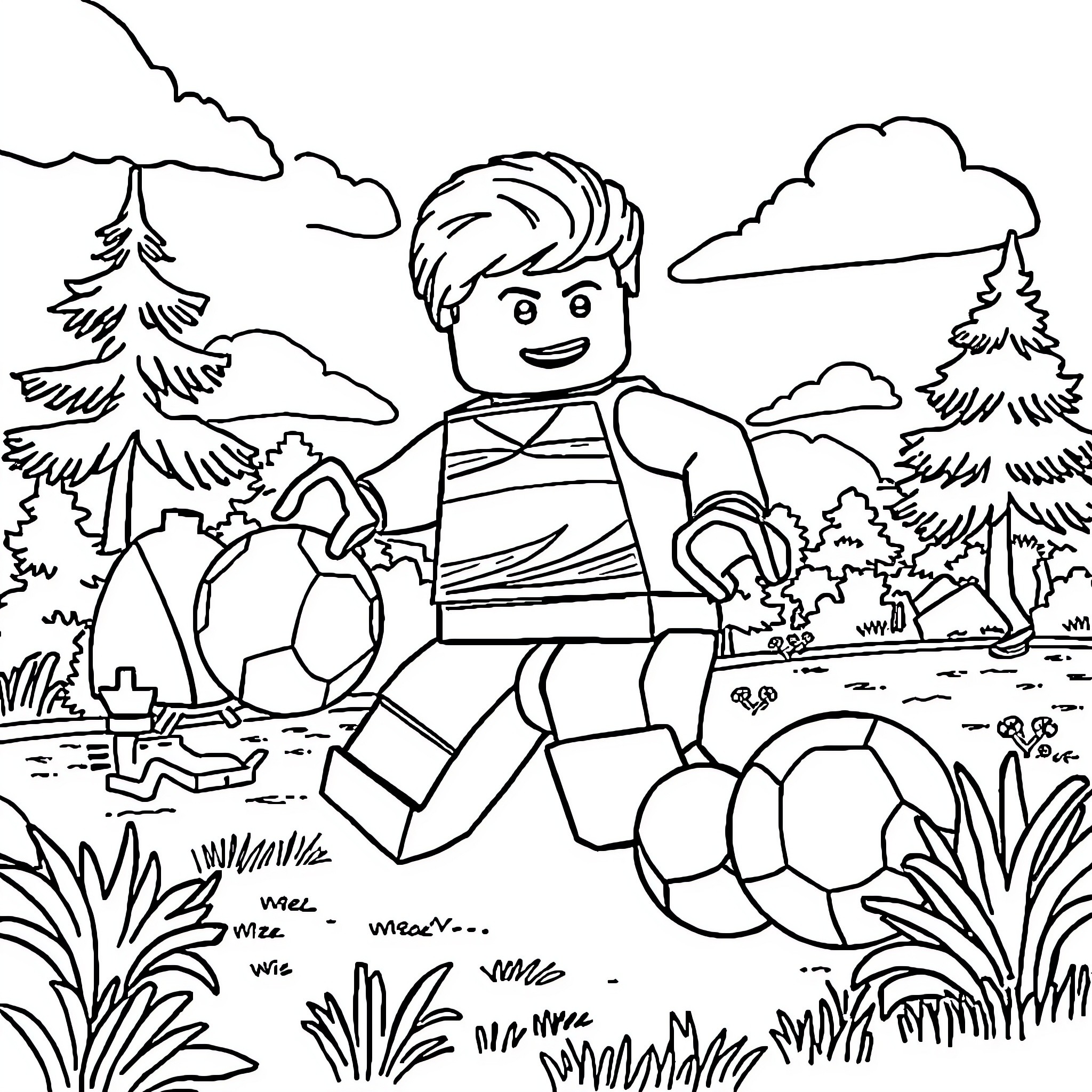 Lego figure exploring the wilderness outdoors Coloring Page (free black-and-white line drawing printable PDF for all, from beginners to advanced learners, including children, teens, adults, and seniors)