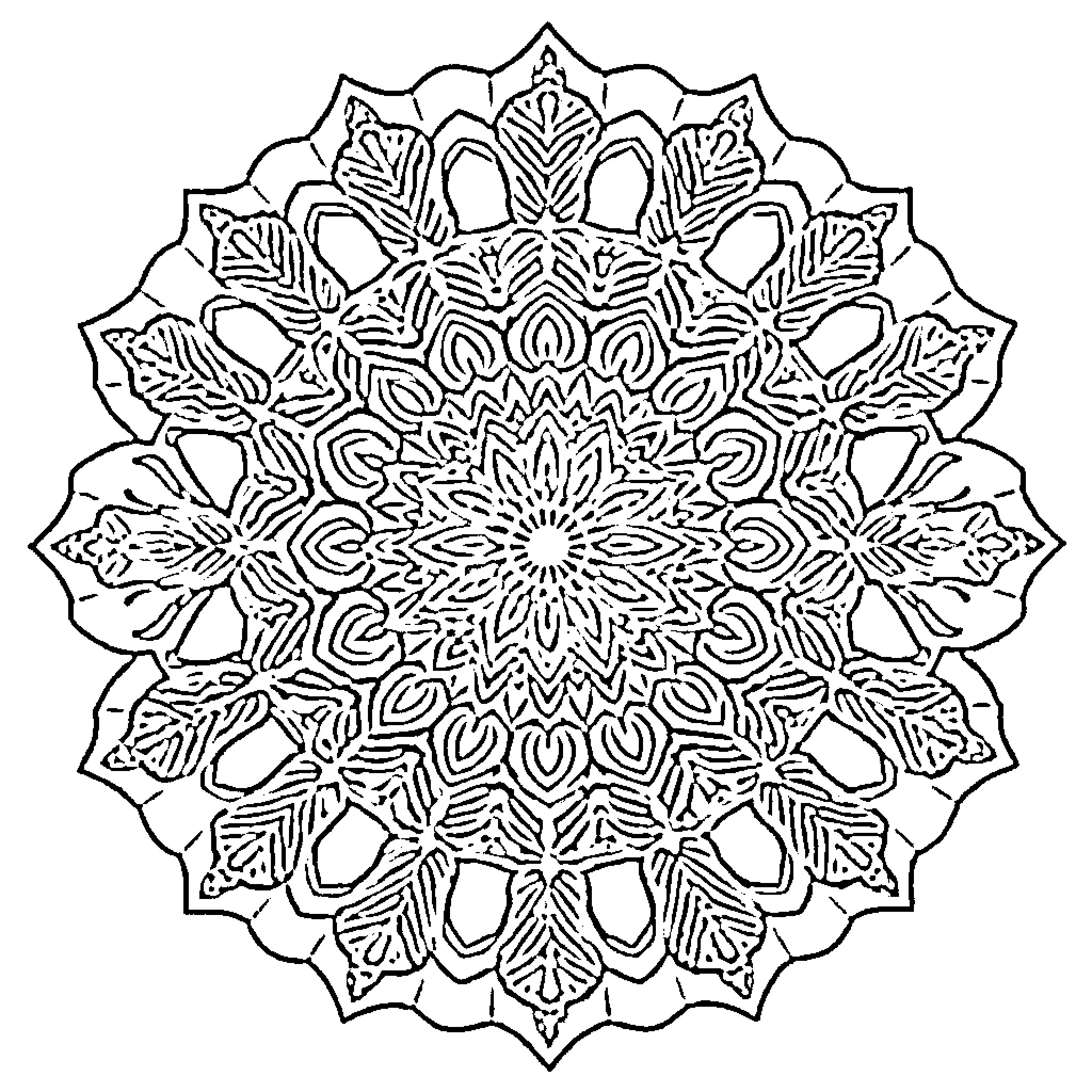 Mandala of intricate geometric patterns Coloring Page (free black-and-white line drawing printable PDF for all, from beginners to advanced learners, including children, teens, adults, and seniors)