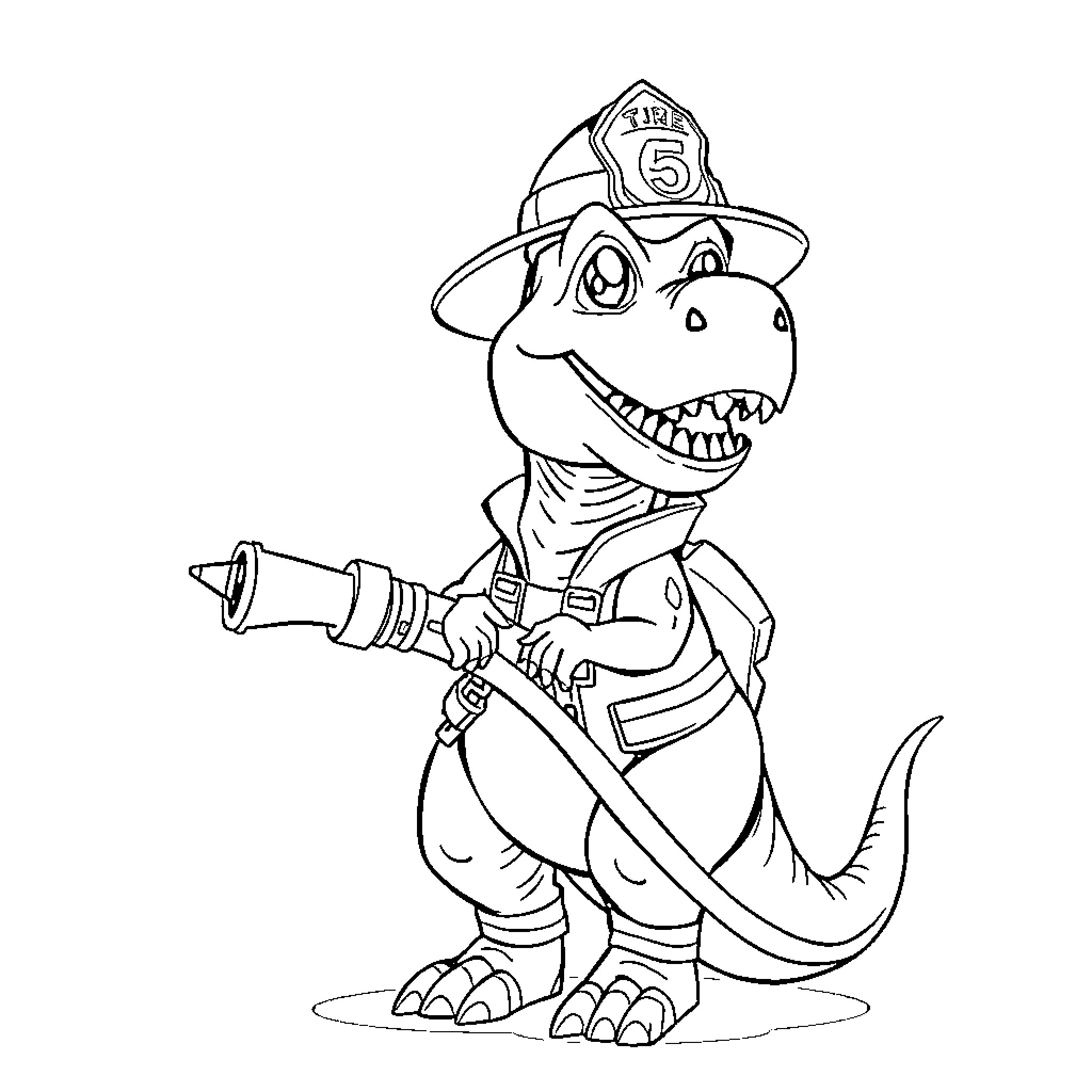 T-Rex firefighter bravely holding hose Coloring Page (free black-and-white line drawing printable PDF for all, from beginners to advanced learners, including children, teens, adults, and seniors)
