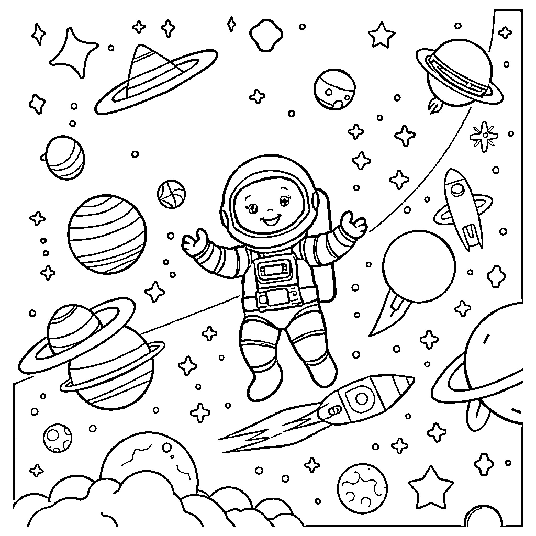Astronaut exploring the cosmic universe Coloring Page (free black-and-white line drawing printable PDF for all, from beginners to advanced learners, including children, teens, adults, and seniors)