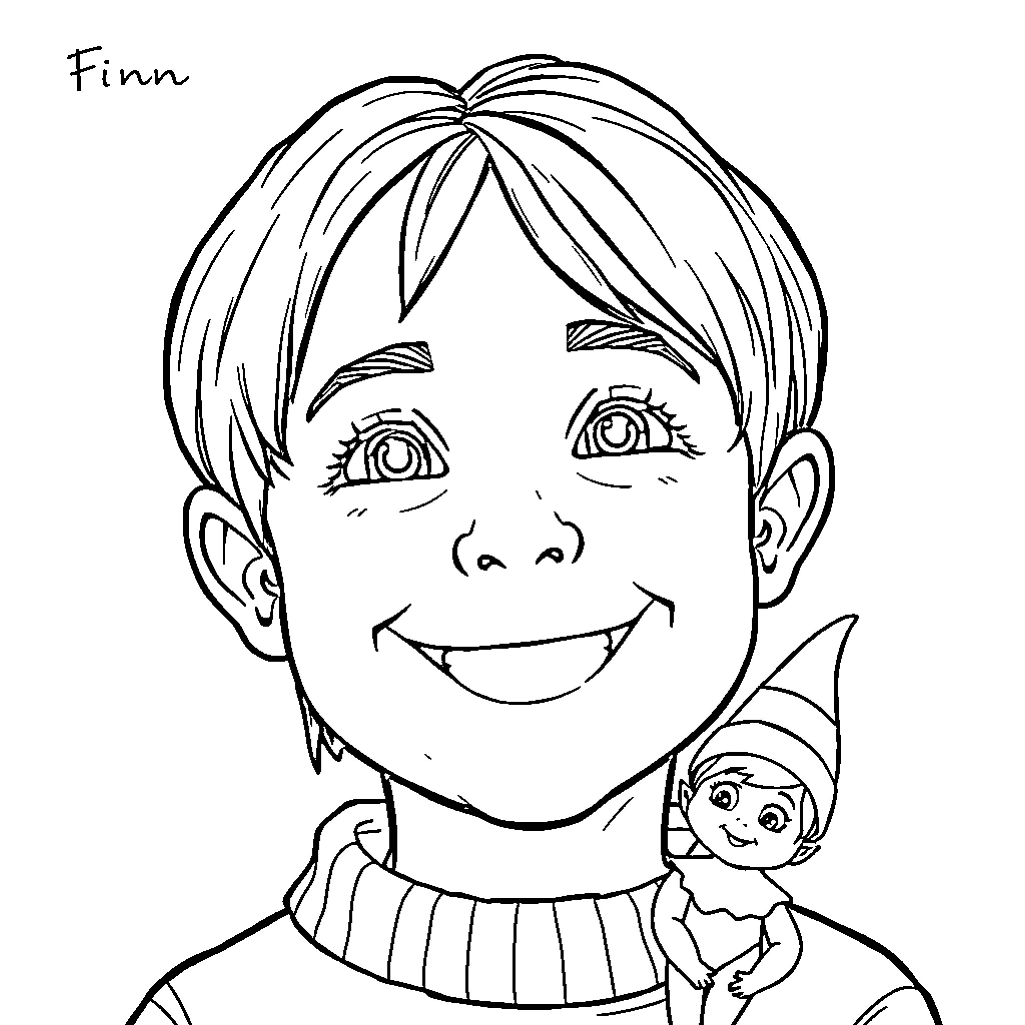 Boy smiling happily with a small companion Coloring Page (free black-and-white line drawing printable PDF for all, from beginners to advanced learners, including children, teens, adults, and seniors)