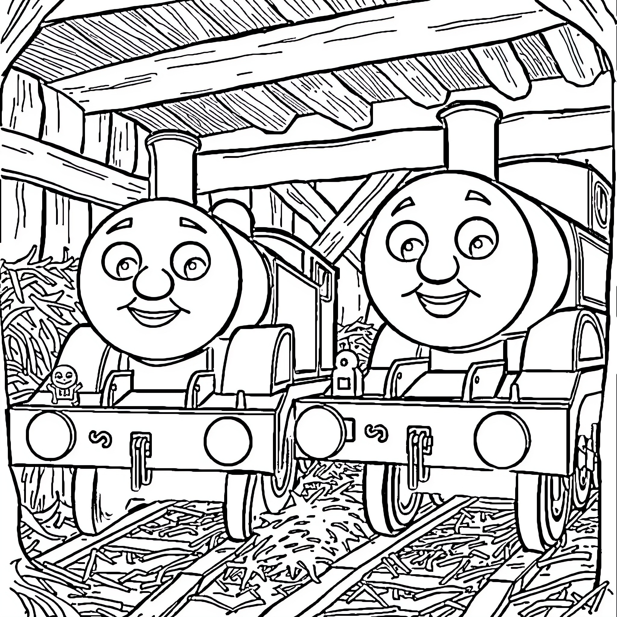 Train Engines Happily Working Together in the Shed Coloring Page (free black-and-white line drawing printable PDF for all, from beginners to advanced learners, including children, teens, adults, and seniors)