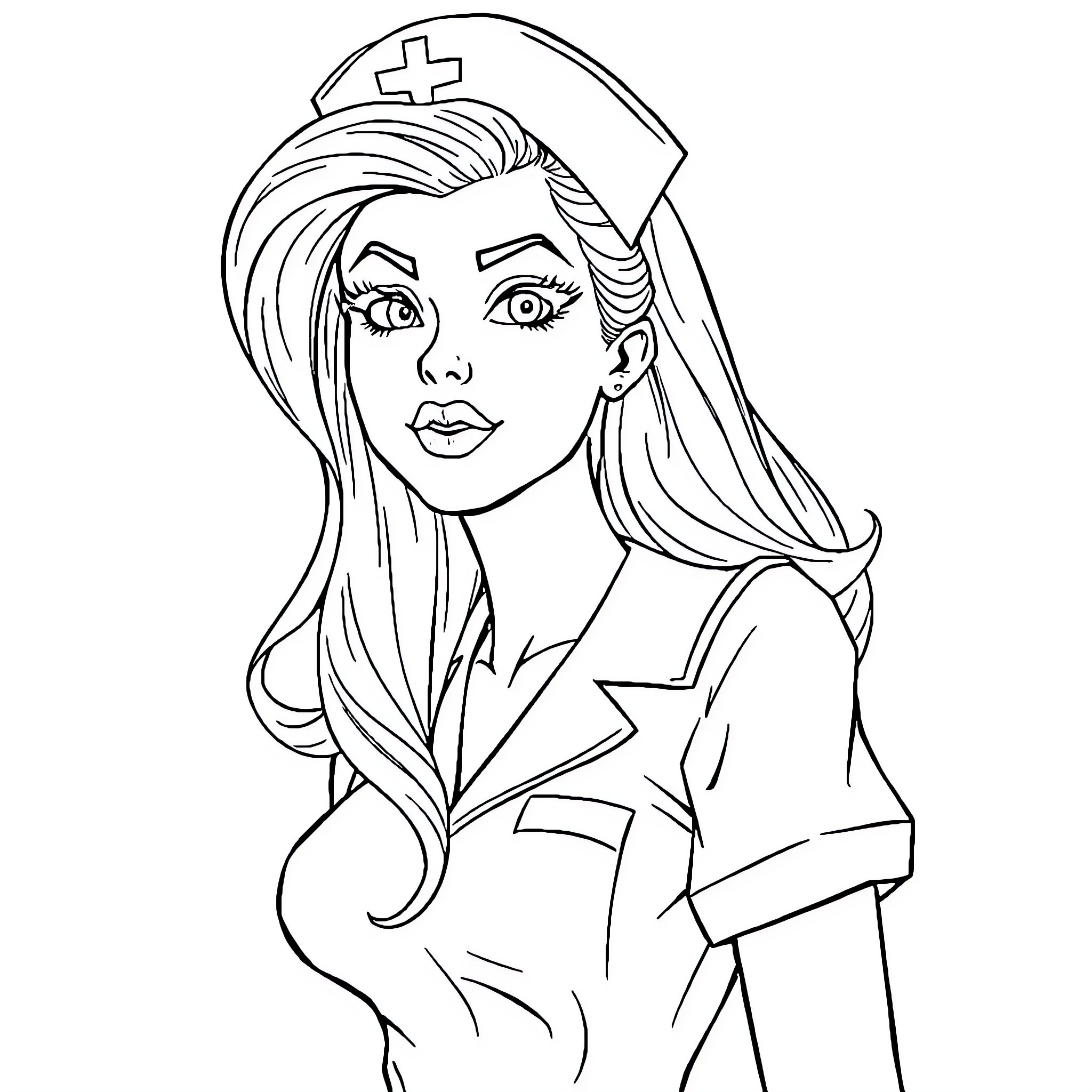 Nurse with Determined Expression Coloring Page (free black-and-white line drawing printable PDF for all, from beginners to advanced learners, including children, teens, adults, and seniors)