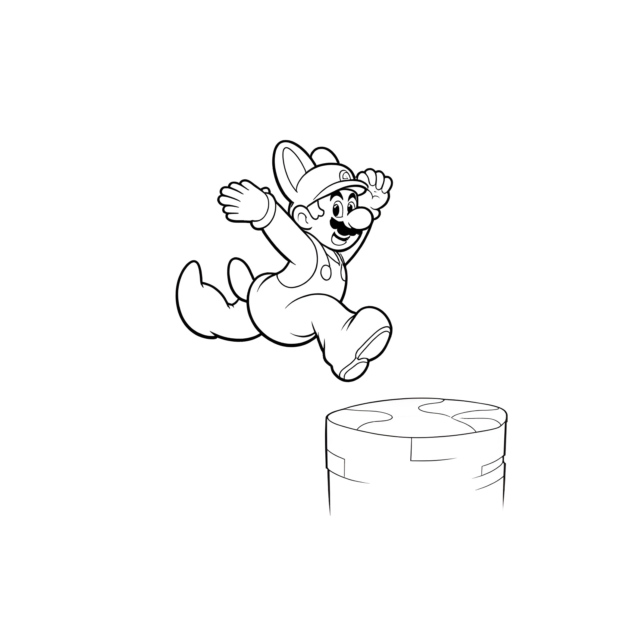 Mario jumping excitedly over a block Coloring Page (free black-and-white line drawing printable PDF for all, from beginners to advanced learners, including children, teens, adults, and seniors)
