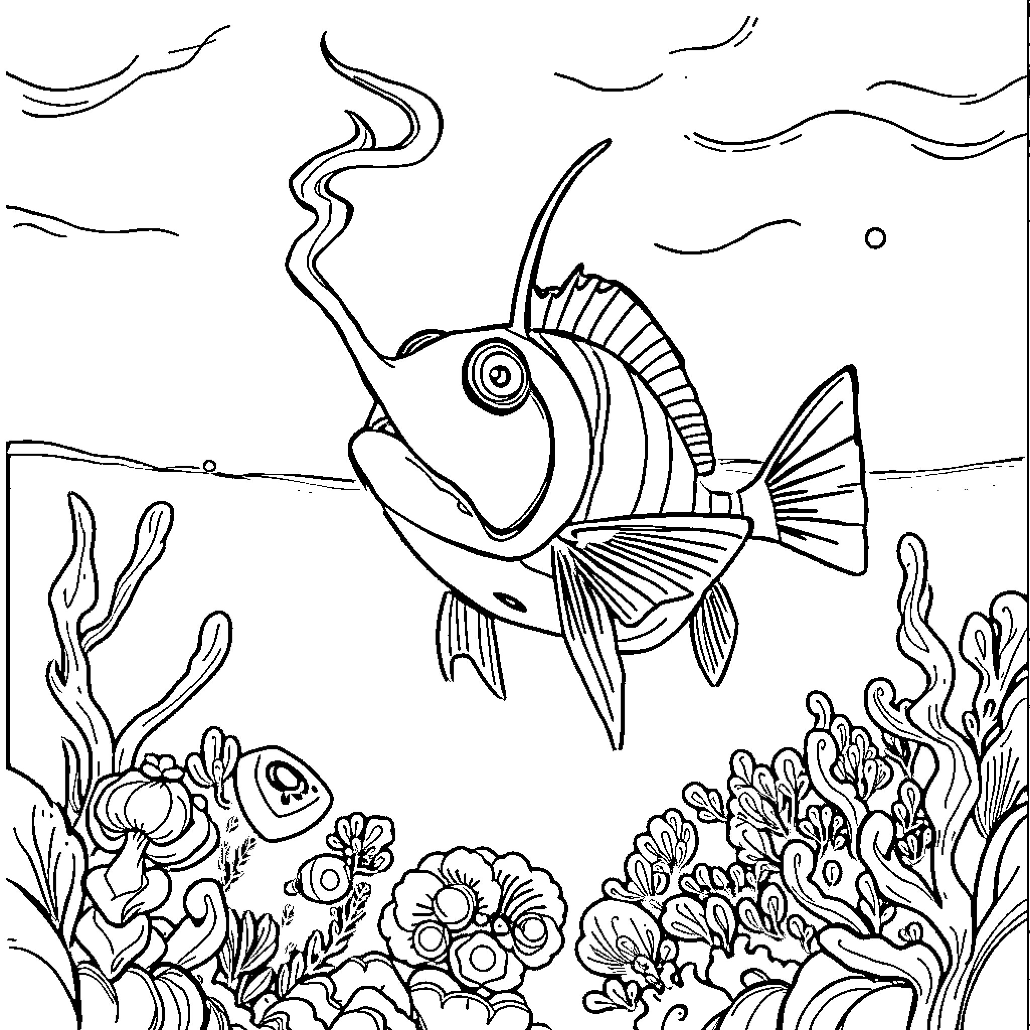 Anglerfish exploring the underwater seascape Coloring Page (free black-and-white line drawing printable PDF for all, from beginners to advanced learners, including children, teens, adults, and seniors)
