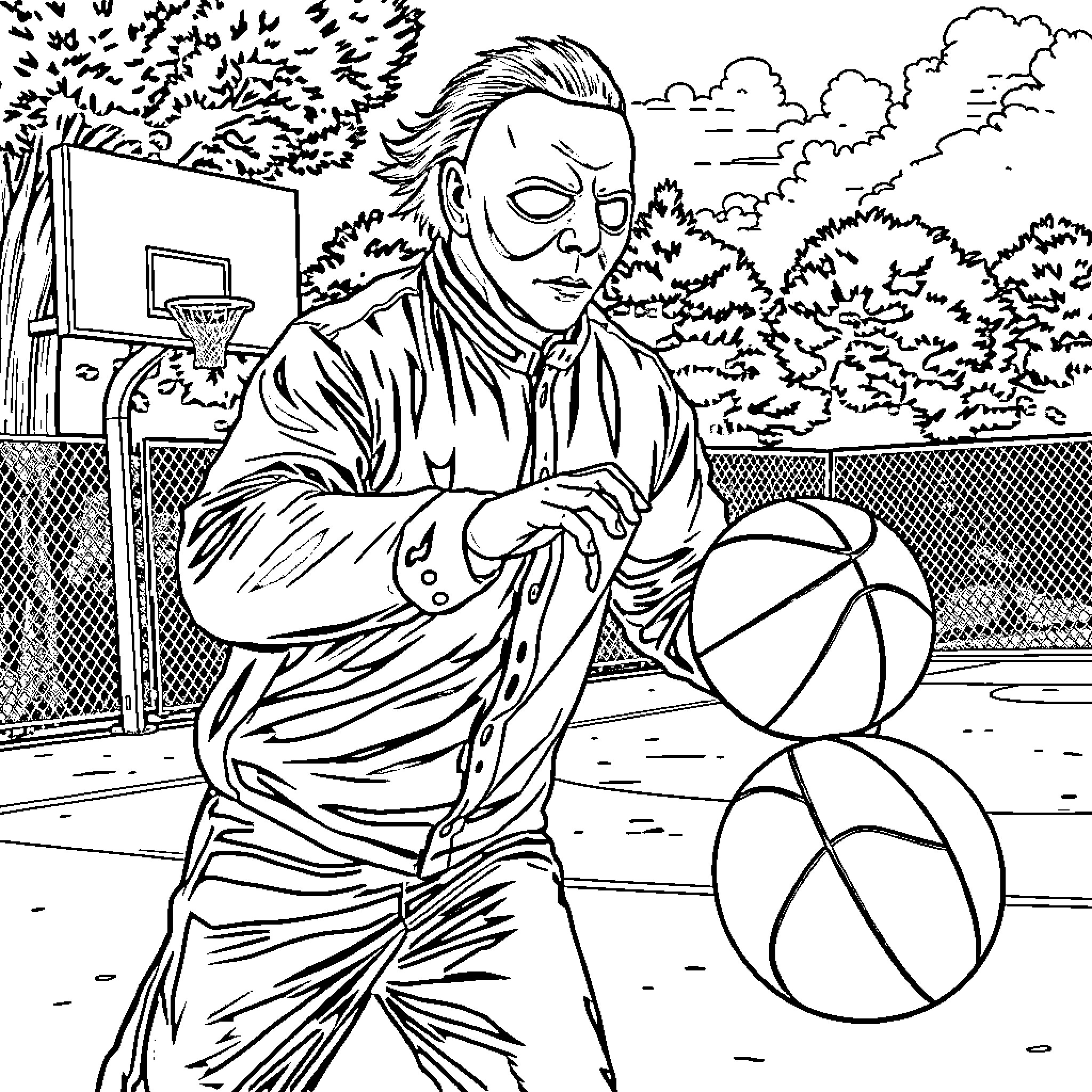 Michael Myers plays basketball in the park Coloring Page (free black-and-white line drawing printable PDF for all, from beginners to advanced learners, including children, teens, adults, and seniors)