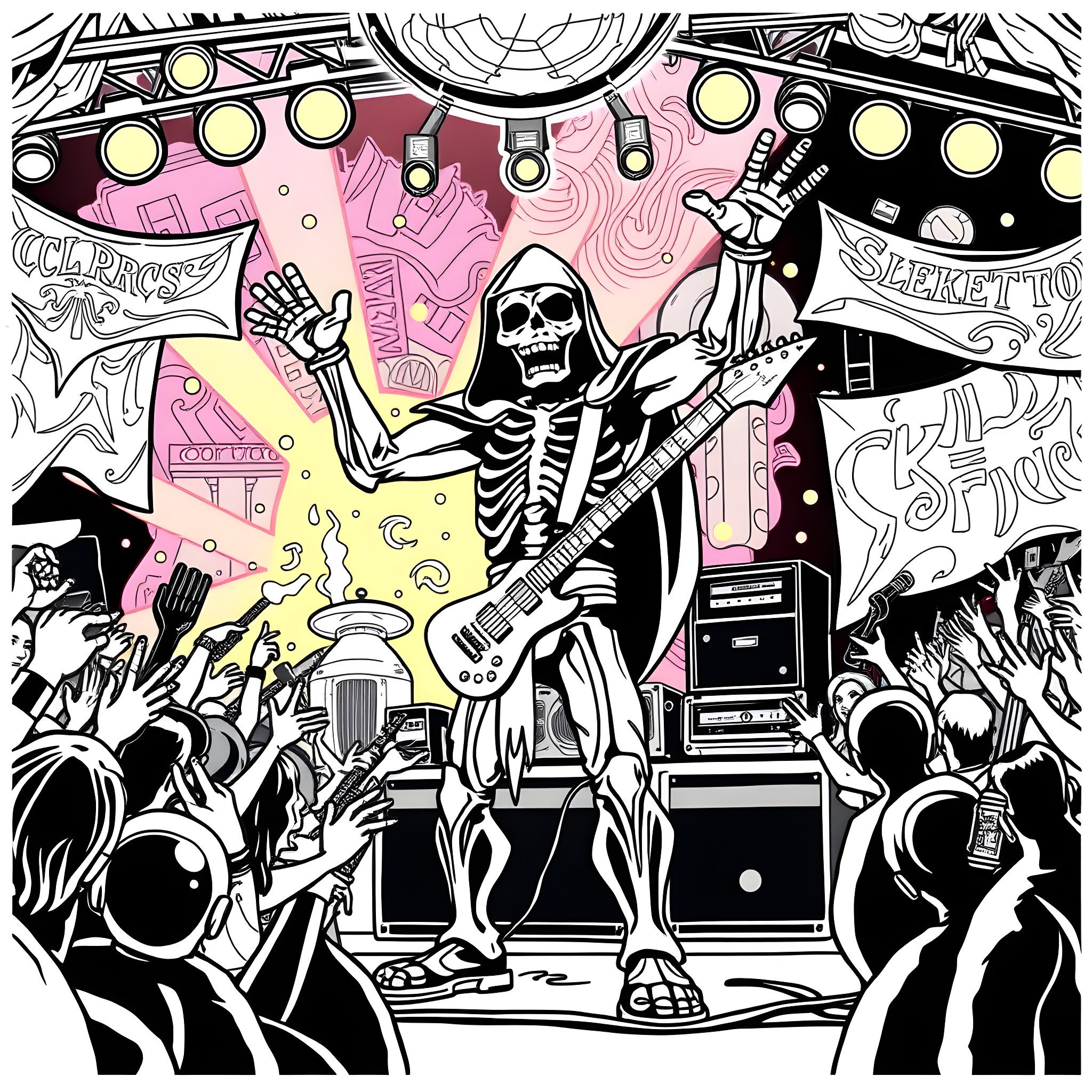 Skeletor's Heavy Metal Rock Concert Coloring Page (free black-and-white line drawing printable PDF for all, from beginners to advanced learners, including children, teens, adults, and seniors)