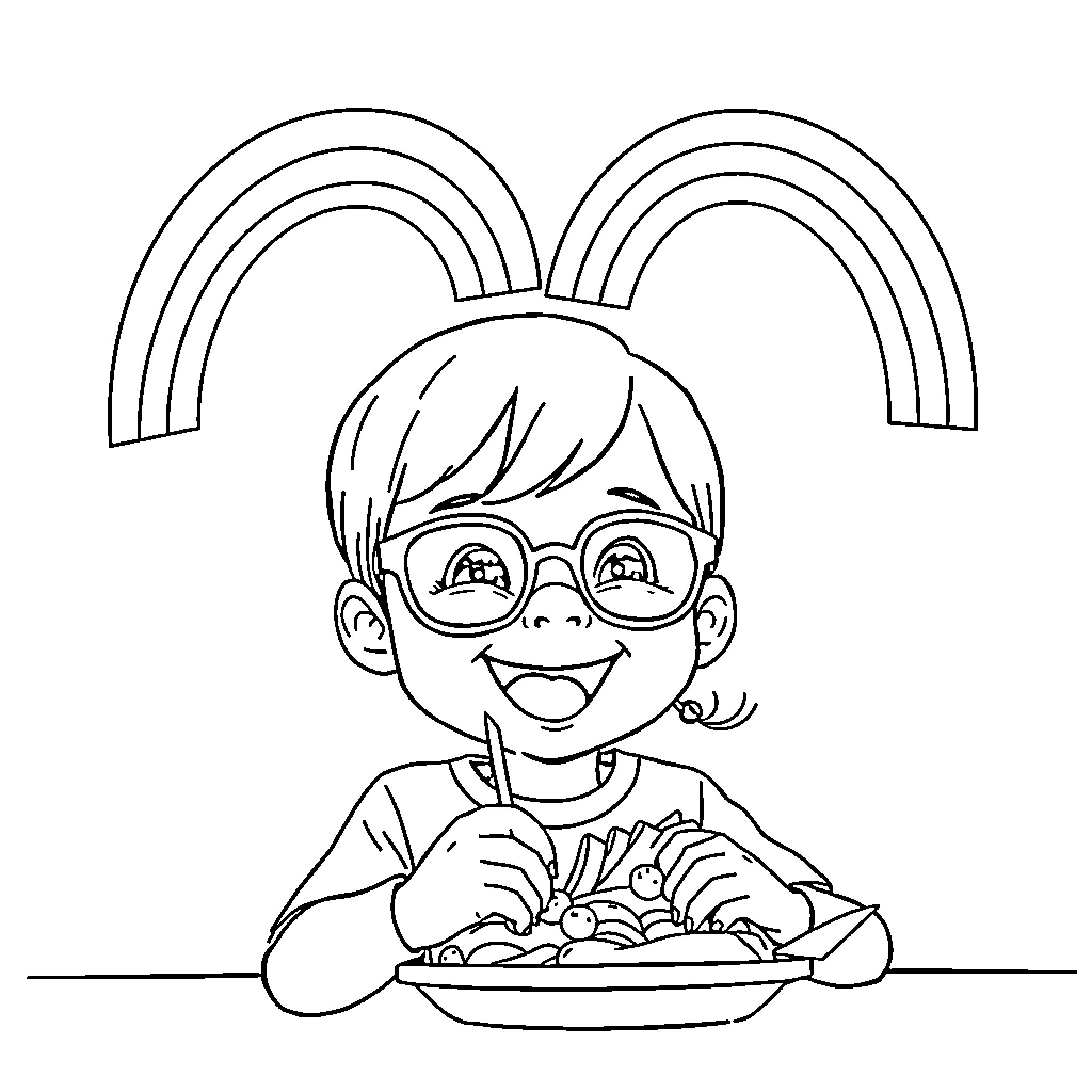 Child eating a meal happily Coloring Page (free black-and-white line drawing printable PDF for all, from beginners to advanced learners, including children, teens, adults, and seniors)