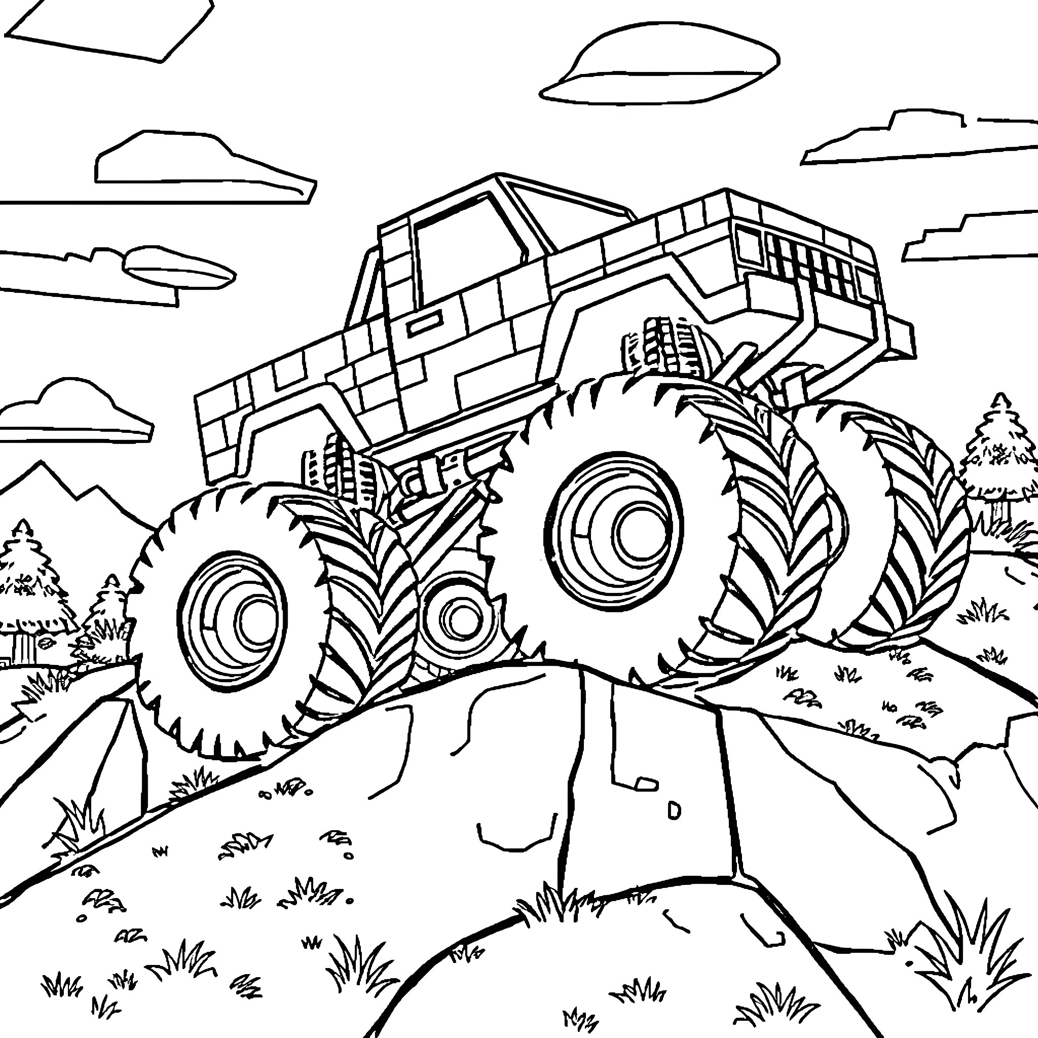 Monster Truck Crushing Through Rugged Terrain Coloring Page (free black-and-white line drawing printable PDF for all, from beginners to advanced learners, including children, teens, adults, and seniors)