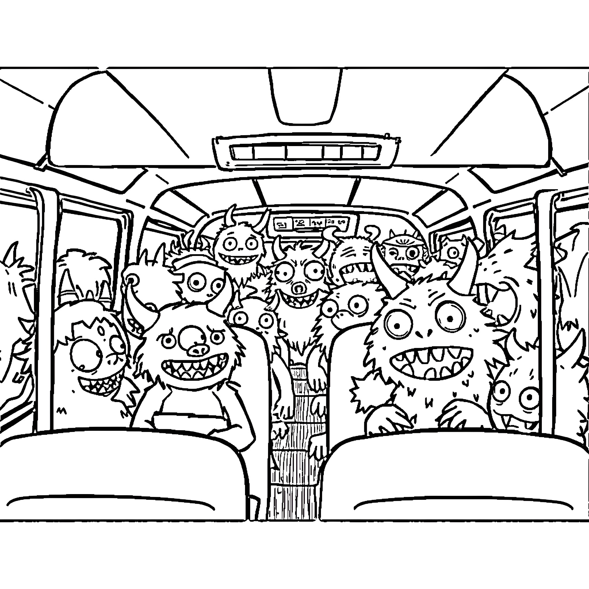 Monster Creatures Crowding the Bus Coloring Page (free black-and-white line drawing printable PDF for all, from beginners to advanced learners, including children, teens, adults, and seniors)