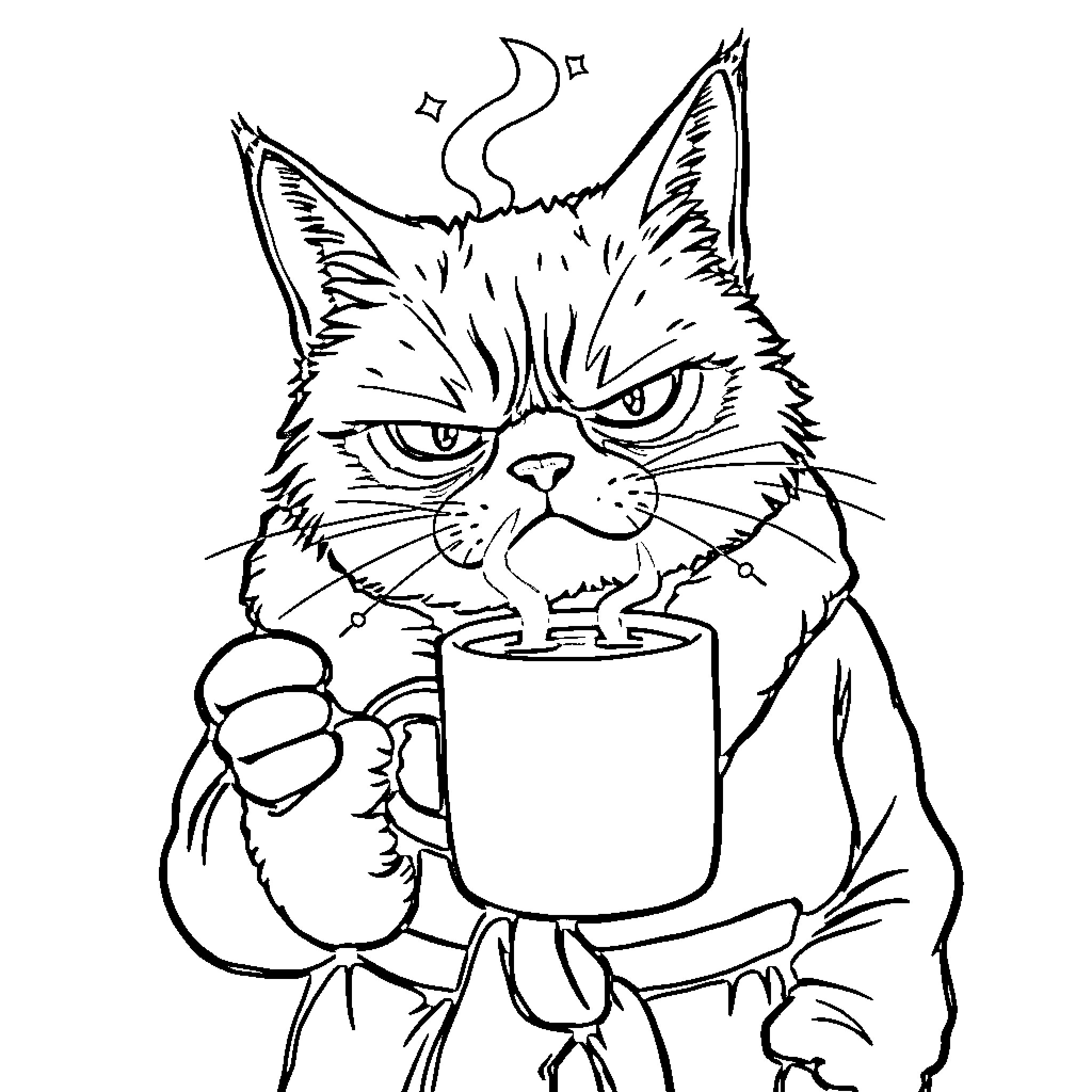 Cat with a grumpy expression holding a mug Coloring Page (free black-and-white line drawing printable PDF for all, from beginners to advanced learners, including children, teens, adults, and seniors)