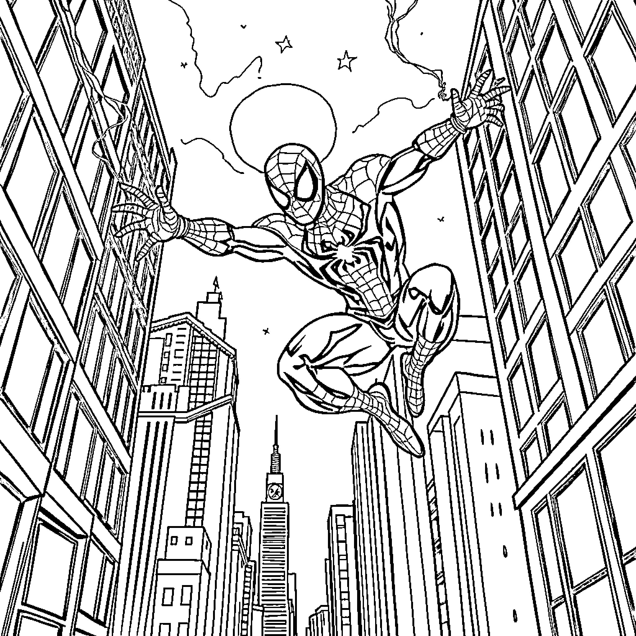 Spiderman swinging through the city skyline Coloring Page (free black-and-white line drawing printable PDF for all, from beginners to advanced learners, including children, teens, adults, and seniors)
