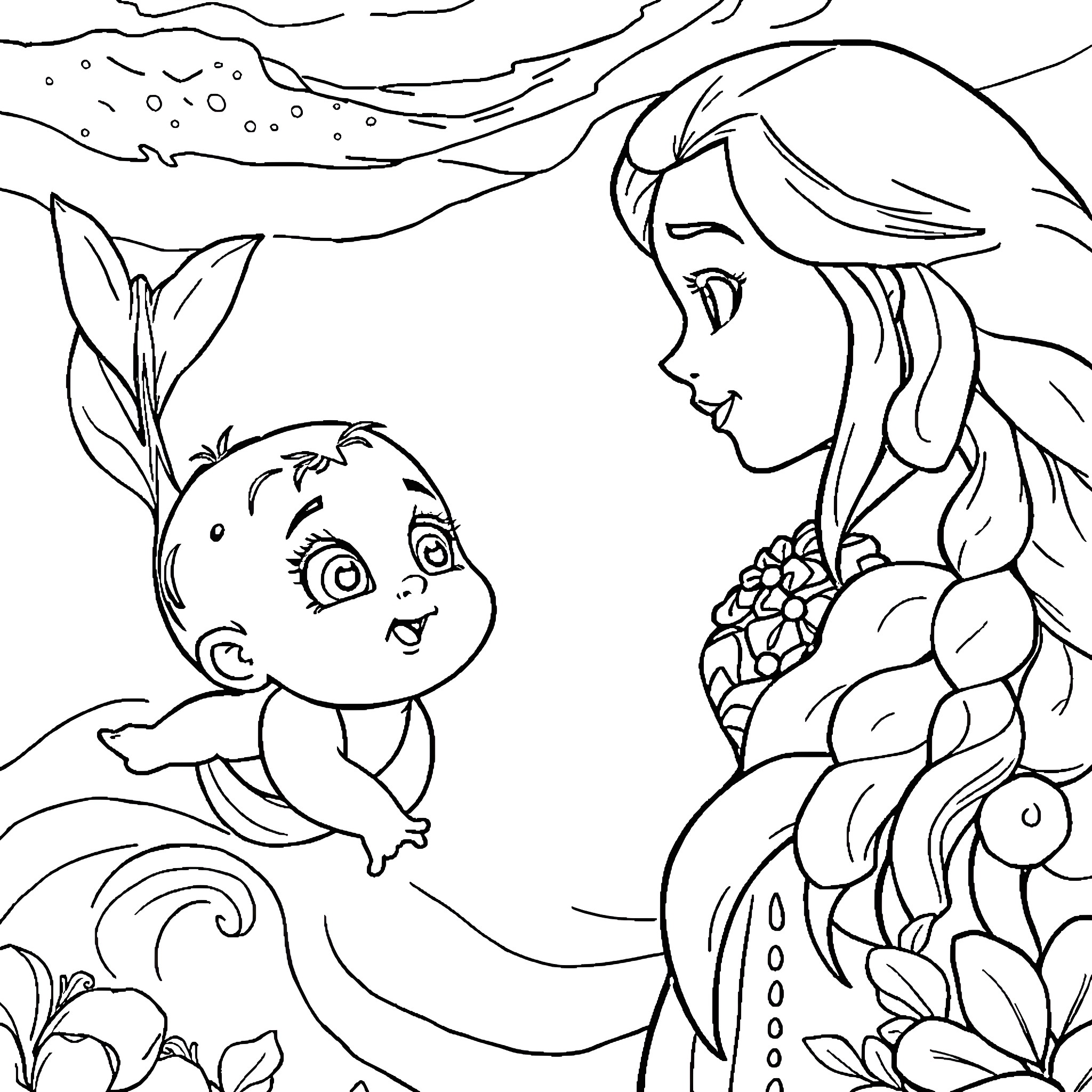 Moana and baby exploring the ocean together Coloring Page (free black-and-white line drawing printable PDF for all, from beginners to advanced learners, including children, teens, adults, and seniors)