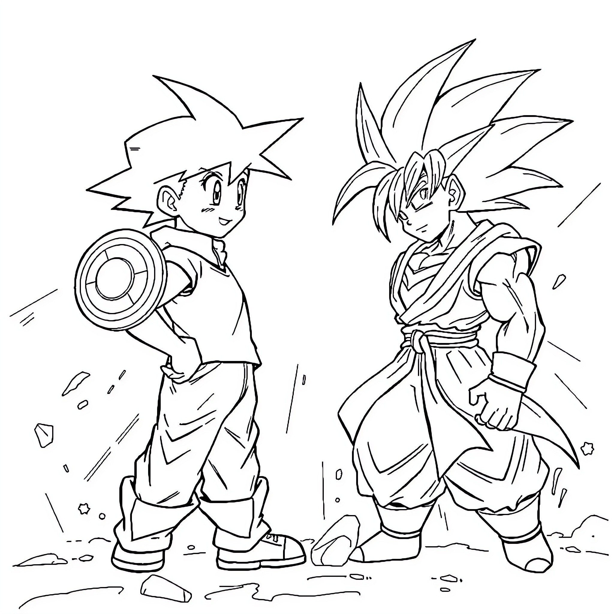 Duelist Rivals Engage in Animated Battle Coloring Page (free black-and-white line drawing printable PDF for all, from beginners to advanced learners, including children, teens, adults, and seniors)