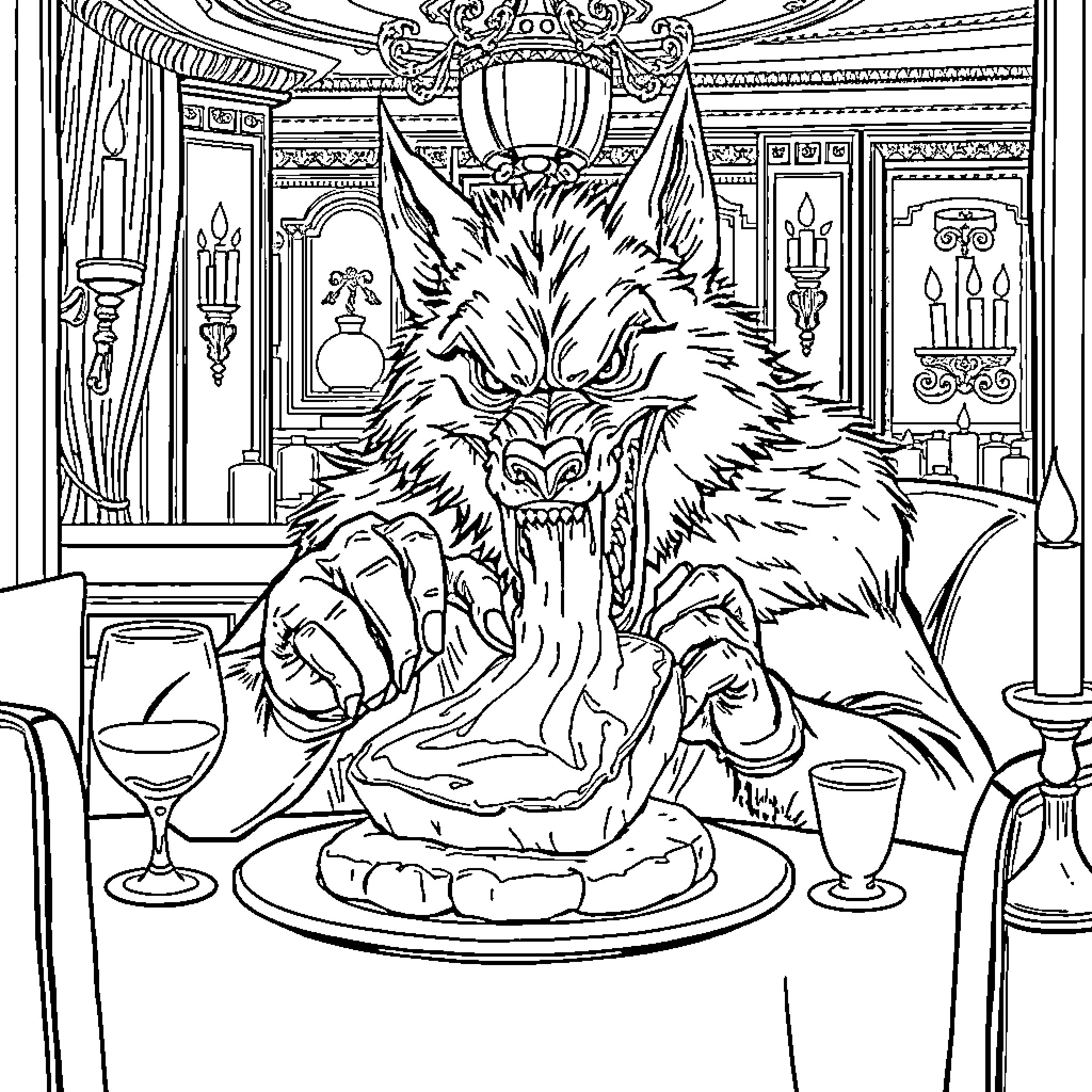 Werewolf dining in a fancy restaurant Coloring Page (free black-and-white line drawing printable PDF for all, from beginners to advanced learners, including children, teens, adults, and seniors)