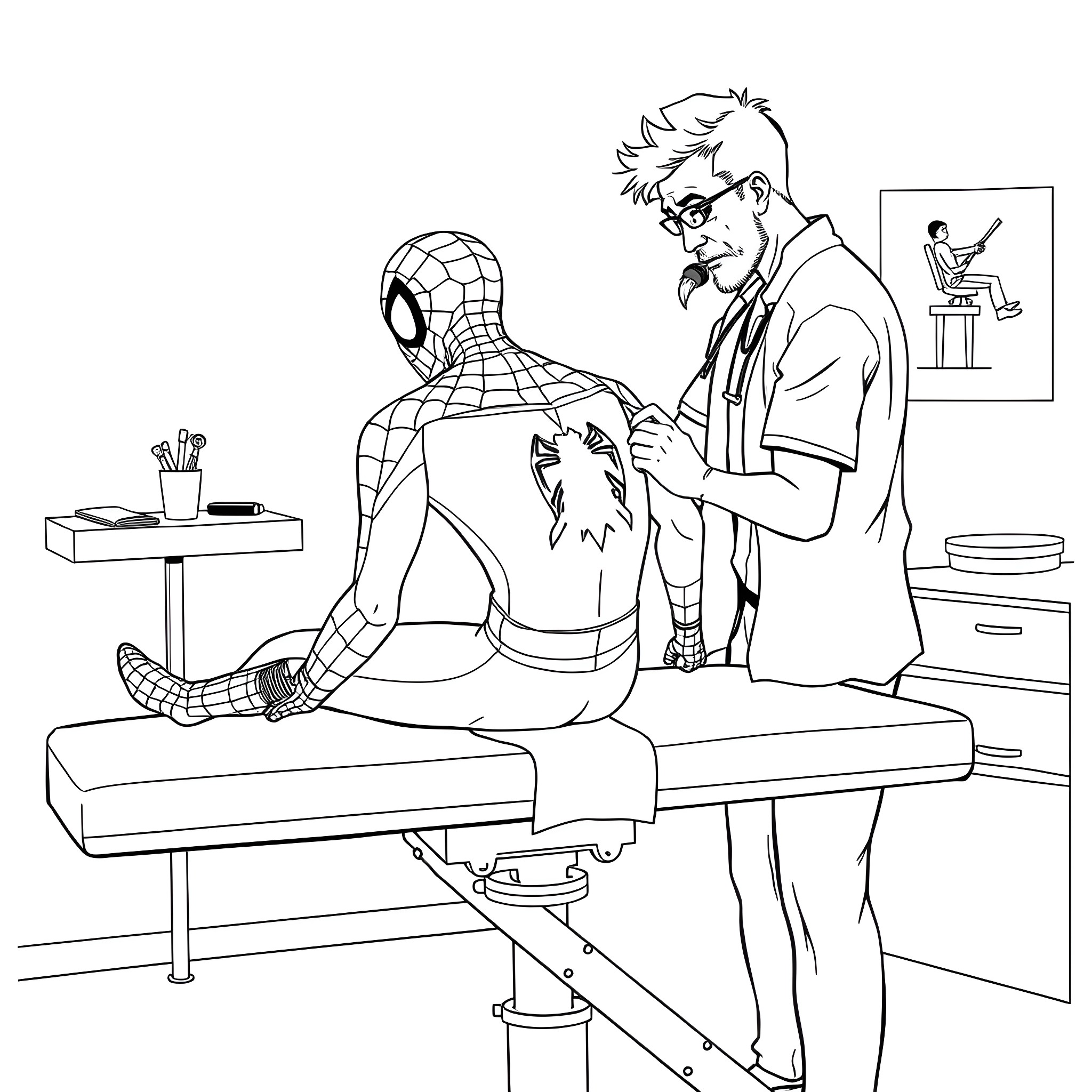Spider-Man helping injured man in medical office Coloring Page (free black-and-white line drawing printable PDF for all, from beginners to advanced learners, including children, teens, adults, and seniors)