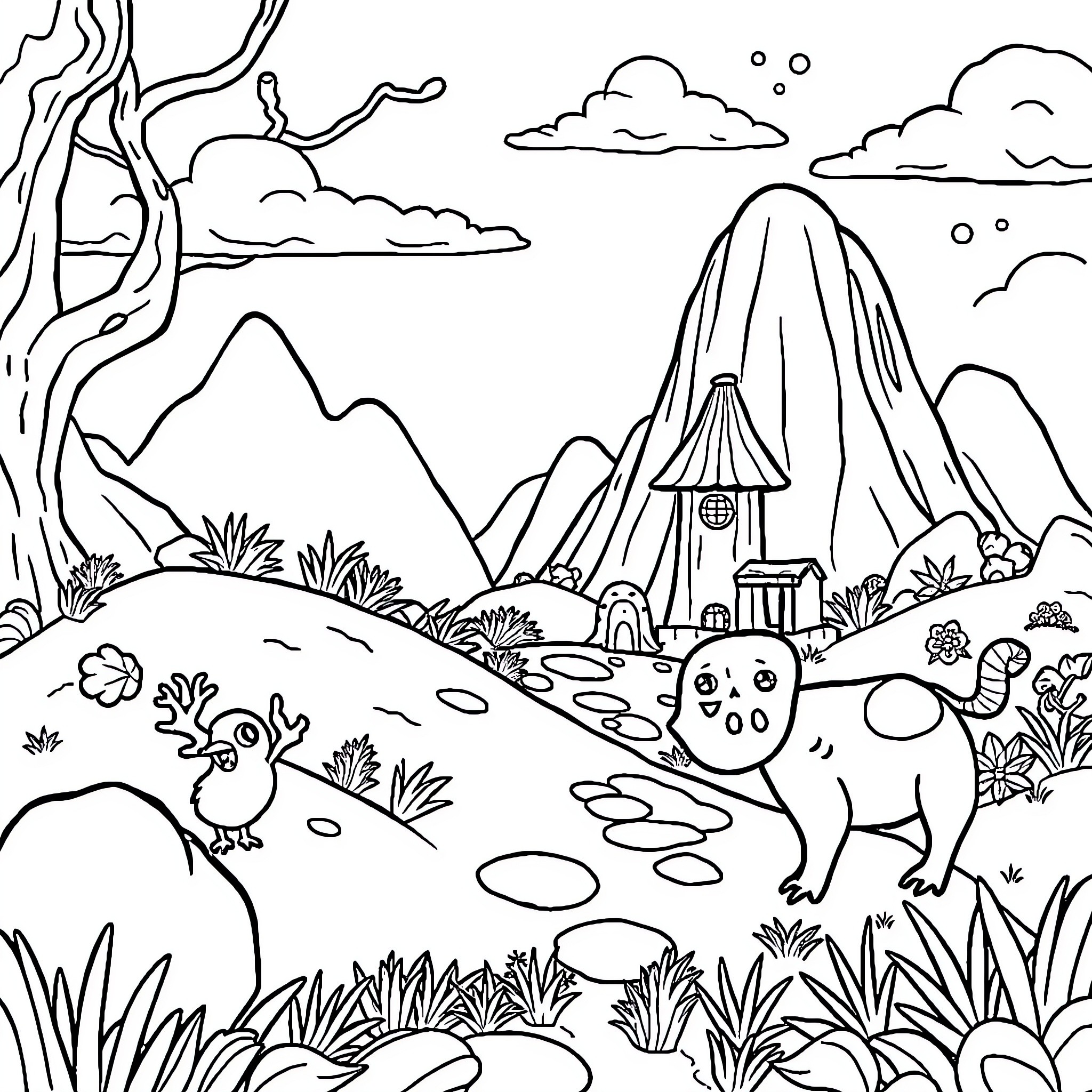 Roblox Characters Exploring Mountainous Landscape Coloring Page (free black-and-white line drawing printable PDF for all, from beginners to advanced learners, including children, teens, adults, and seniors)
