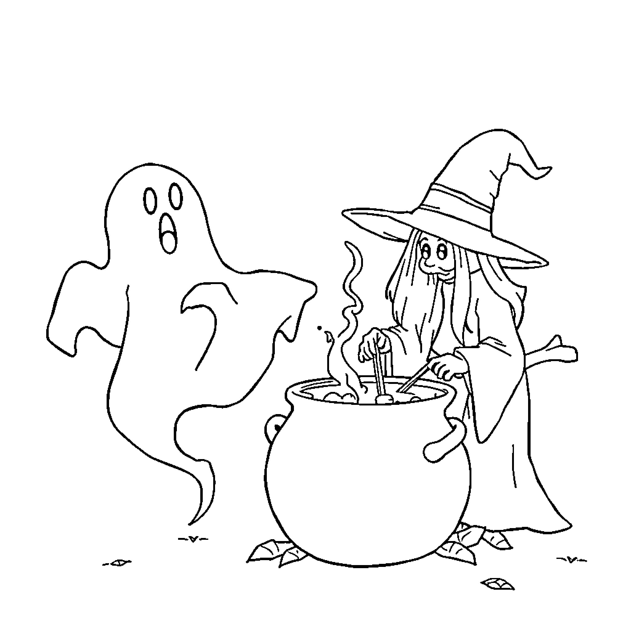 Ghost Conjuring Magic Potion with Sorcerer Coloring Page (free black-and-white line drawing printable PDF for all, from beginners to advanced learners, including children, teens, adults, and seniors)