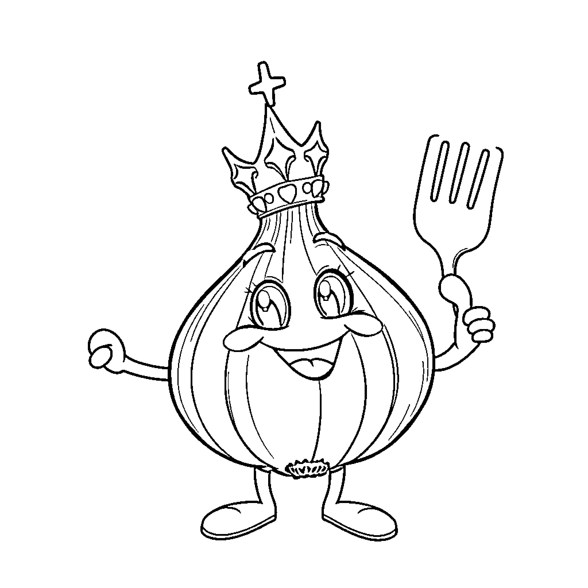 Onion King holding a Fork Coloring Page (free black-and-white line drawing printable PDF for all, from beginners to advanced learners, including children, teens, adults, and seniors)