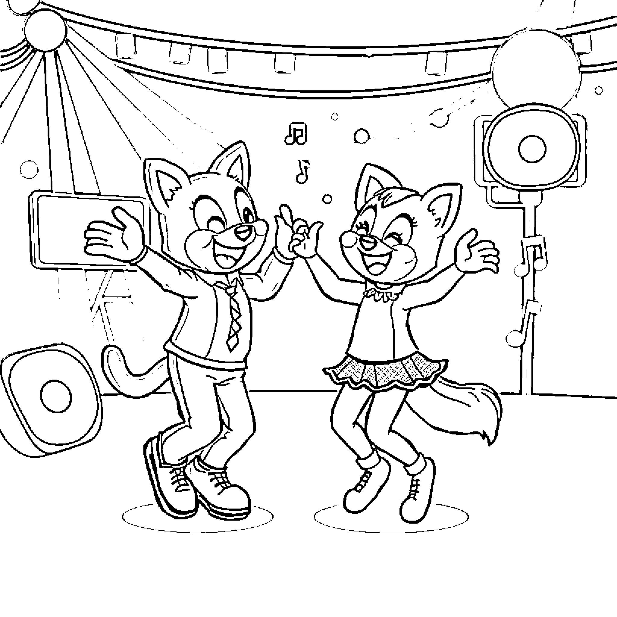 Bluey and Friends Performing on Stage Coloring Page (free black-and-white line drawing printable PDF for all, from beginners to advanced learners, including children, teens, adults, and seniors)