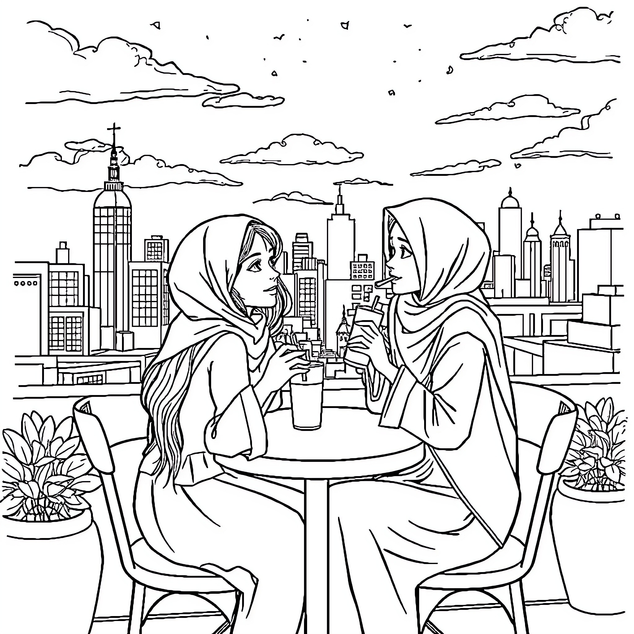 Girl chatting with friend in urban setting Coloring Page (free black-and-white line drawing printable PDF for all, from beginners to advanced learners, including children, teens, adults, and seniors)