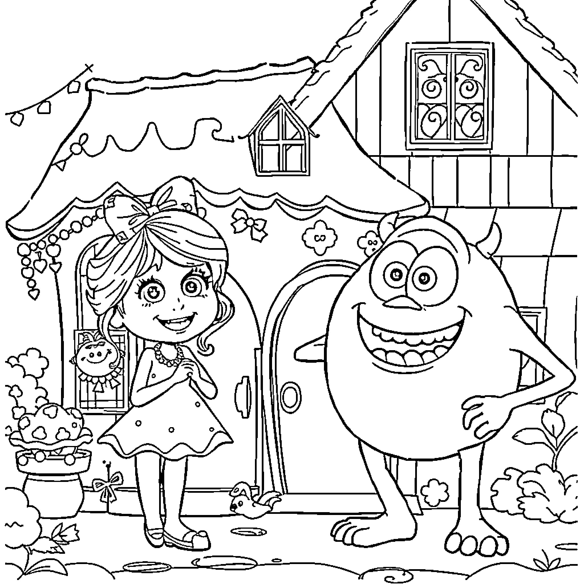 Gabby's Enchanting Encounter with a Friendly Monster Coloring Page (free black-and-white line drawing printable PDF for all, from beginners to advanced learners, including children, teens, adults, and seniors)