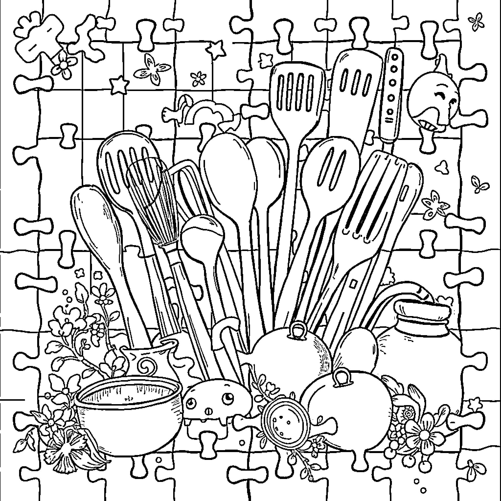 Kitchen Utensil Puzzle with Decorative Elements Coloring Page (free black-and-white line drawing printable PDF for all, from beginners to advanced learners, including children, teens, adults, and seniors)