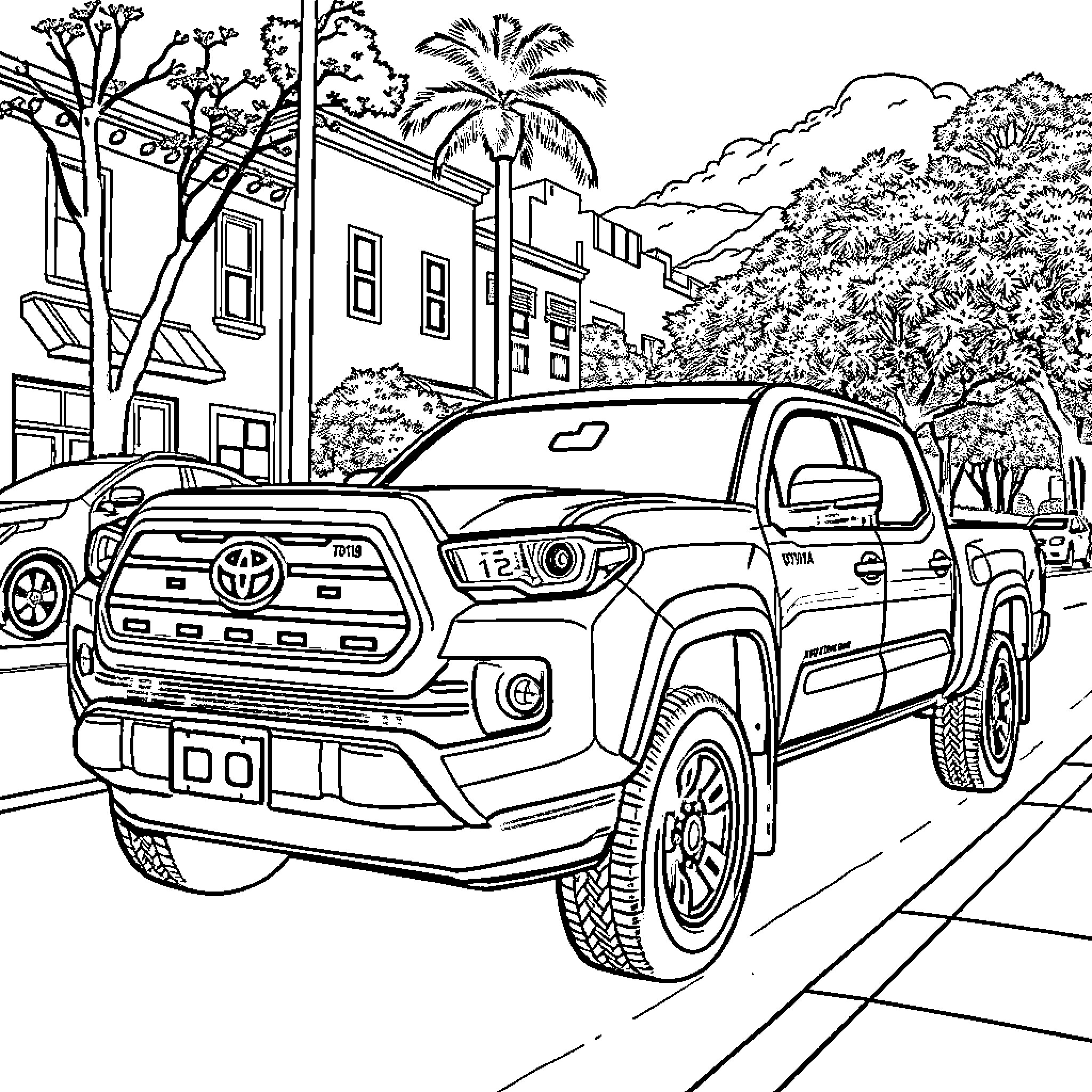 Toyota Tacoma pickup truck on a city street Coloring Page (free black-and-white line drawing printable PDF for all, from beginners to advanced learners, including children, teens, adults, and seniors)