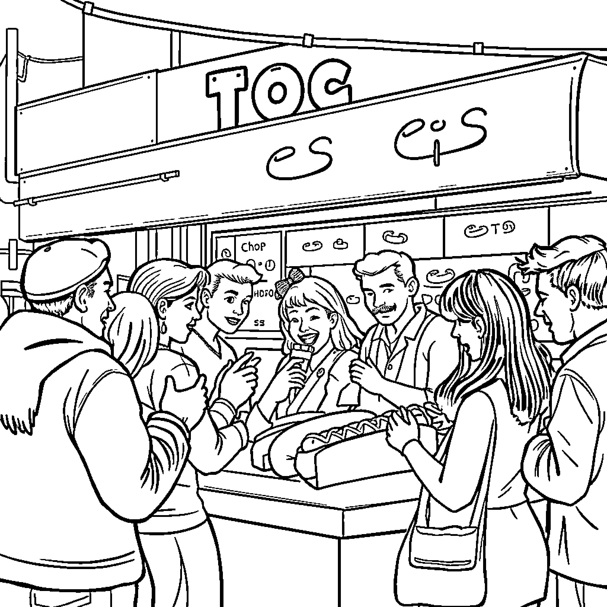 Hotdog stand bustling with customers Coloring Page (free black-and-white line drawing printable PDF for all, from beginners to advanced learners, including children, teens, adults, and seniors)