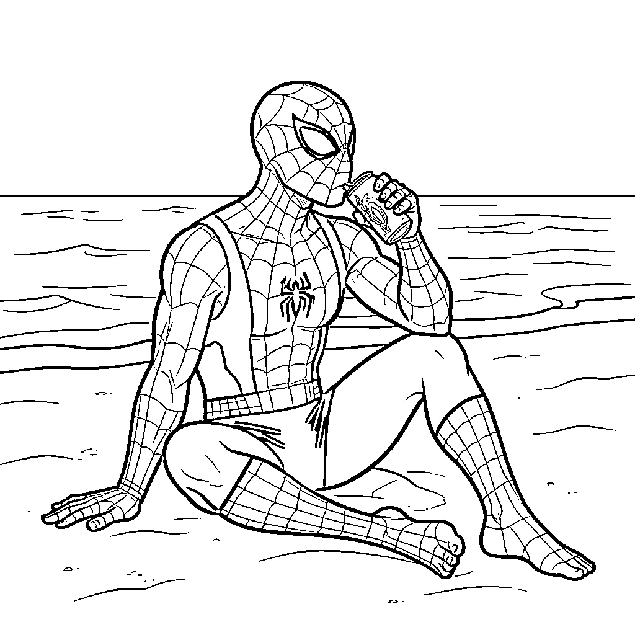 Spiderman sitting on the beach drinking from a can Coloring Page (free black-and-white line drawing printable PDF for all, from beginners to advanced learners, including children, teens, adults, and seniors)
