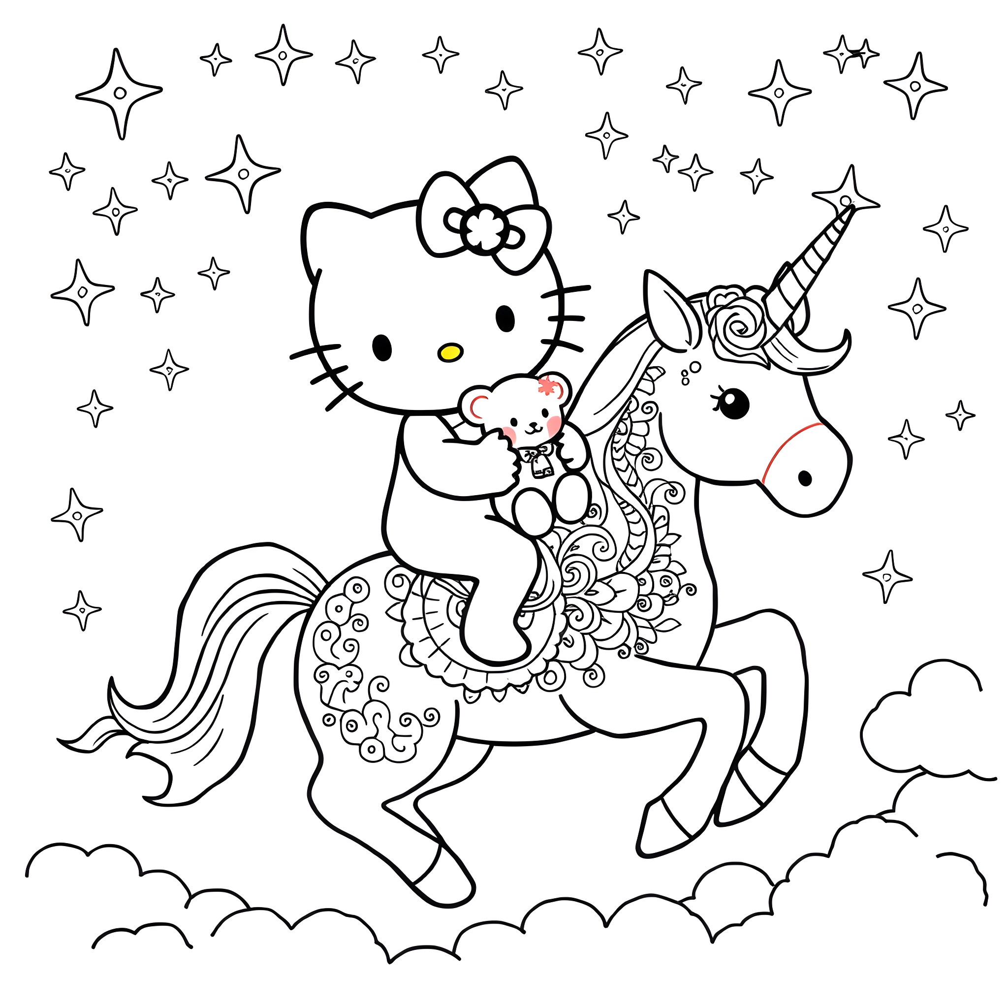 Hello Kitty riding a magical unicorn in the starry night Coloring Page (free black-and-white line drawing printable PDF for all, from beginners to advanced learners, including children, teens, adults, and seniors)