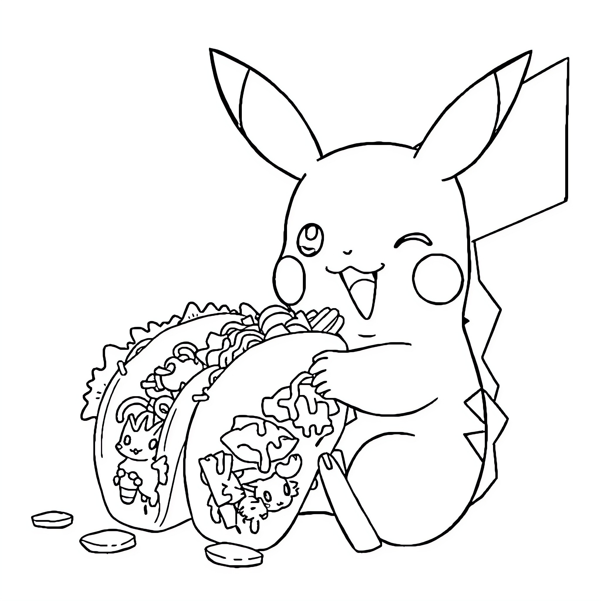 Pikachu happily enjoying a taco Coloring Page (free black-and-white line drawing printable PDF for all, from beginners to advanced learners, including children, teens, adults, and seniors)
